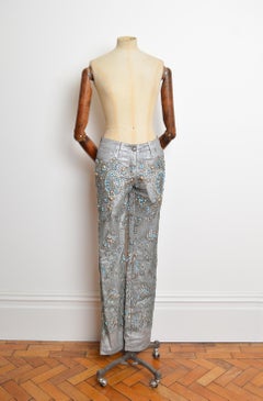 P/E 2006 Gianfranco Ferré Jeans argento metallizzato con perline e pizzo pesantemente abbellito