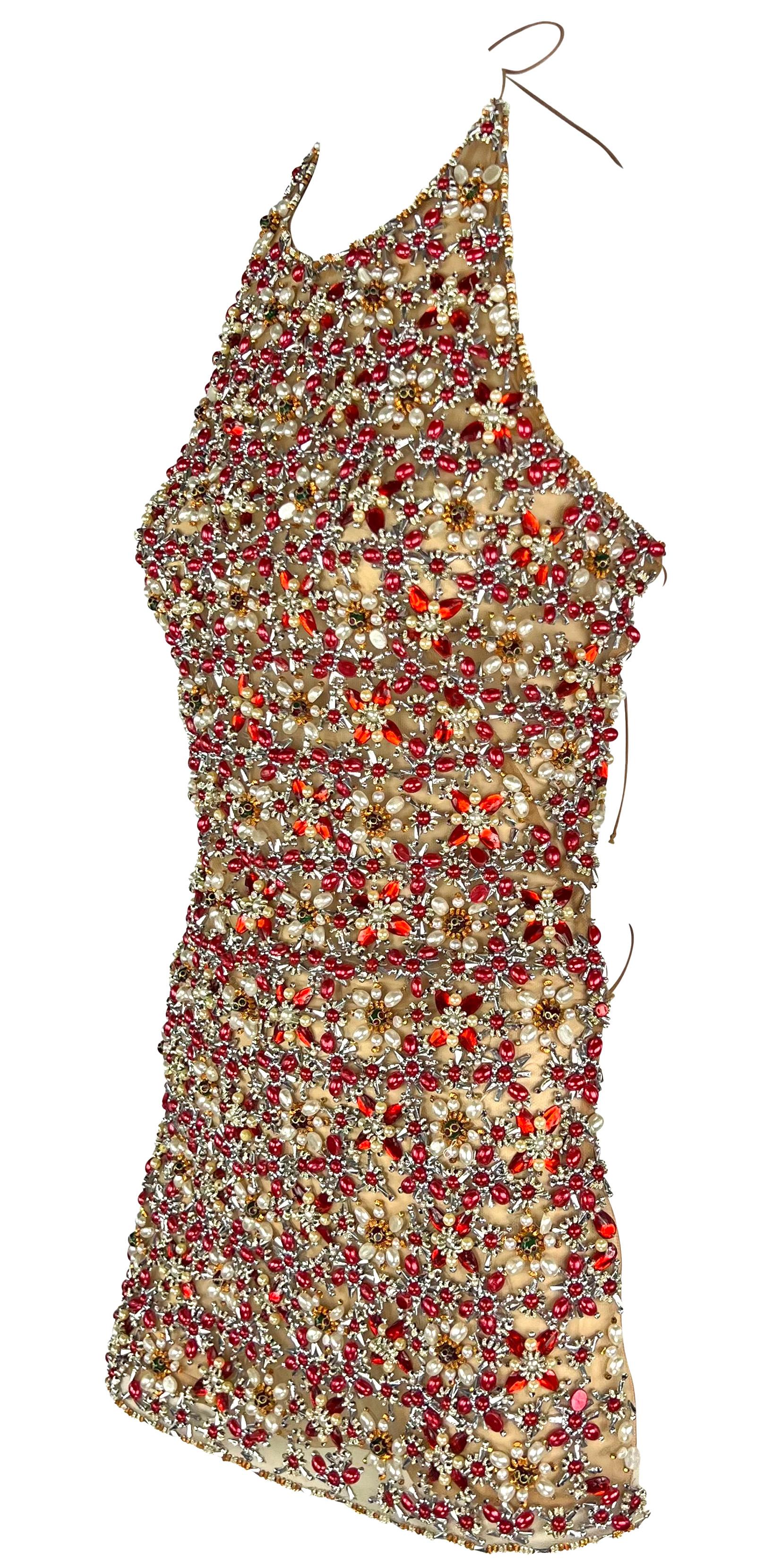 Women's S/S 2006 Gianfranco Ferré Sheer Faux Pearl Beaded Beige Backless Tie Top Blouse For Sale