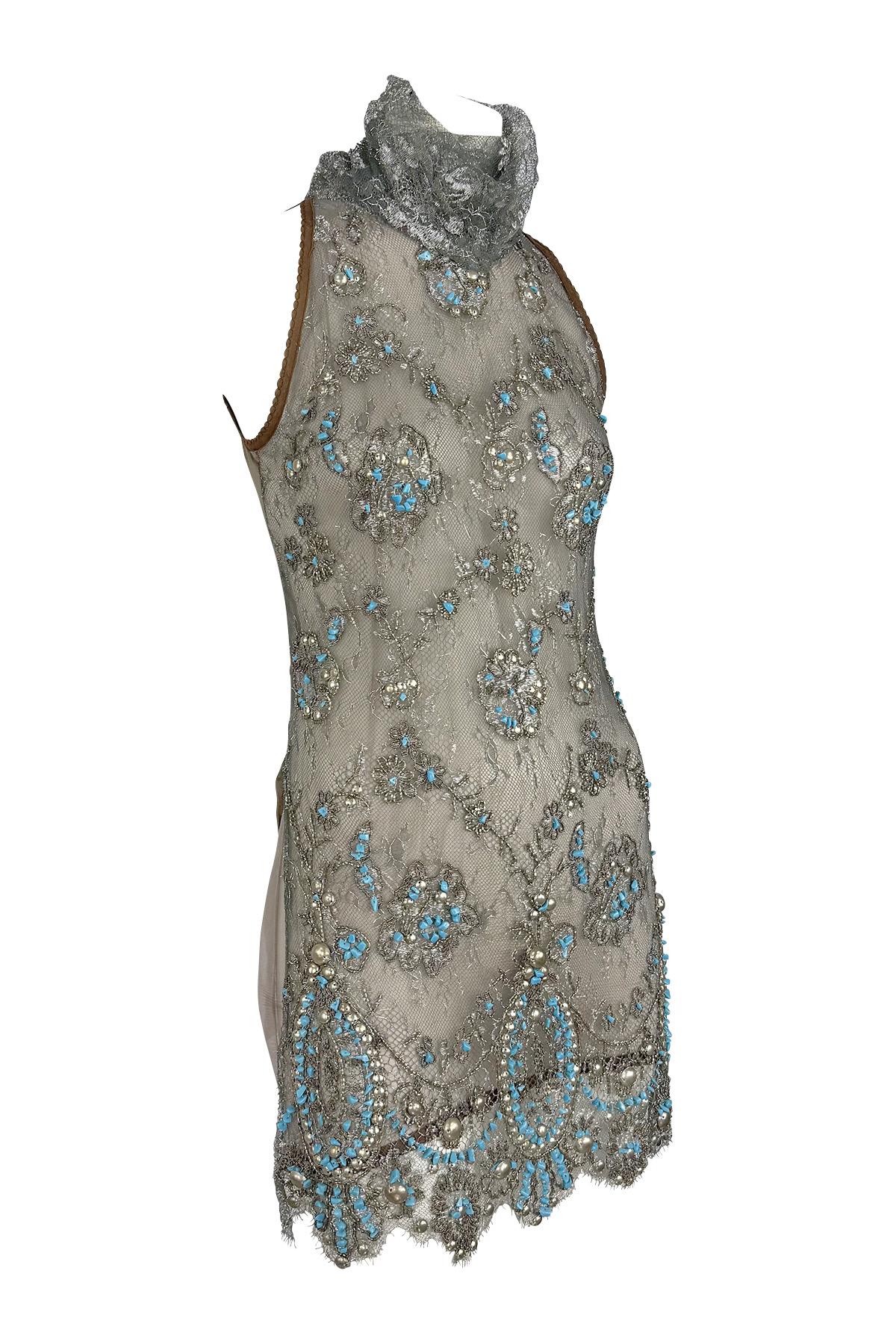 S/S 2006 Gianfranco Ferré Transparentes Türkis Perlenbesetztes Ärmelloses Braunes Tunika-Oberteil im Angebot 9