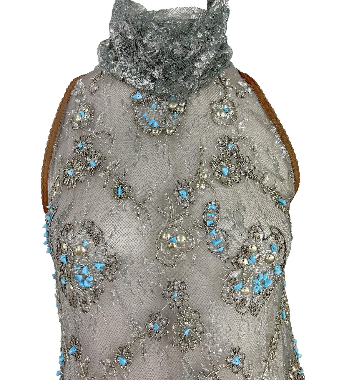 S/S 2006 Gianfranco Ferré Transparentes Türkis Perlenbesetztes Ärmelloses Braunes Tunika-Oberteil im Zustand „Hervorragend“ im Angebot in West Hollywood, CA