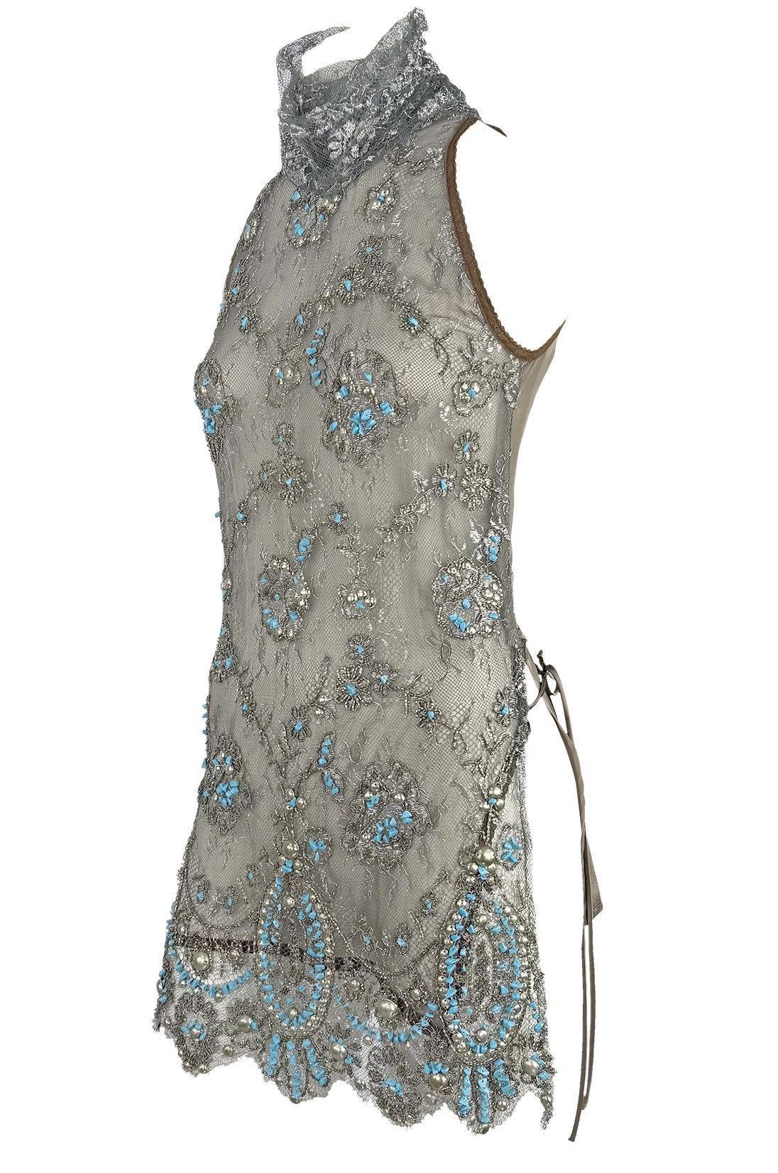 S/S 2006 Gianfranco Ferré Transparentes Türkis Perlenbesetztes Ärmelloses Braunes Tunika-Oberteil im Angebot 2