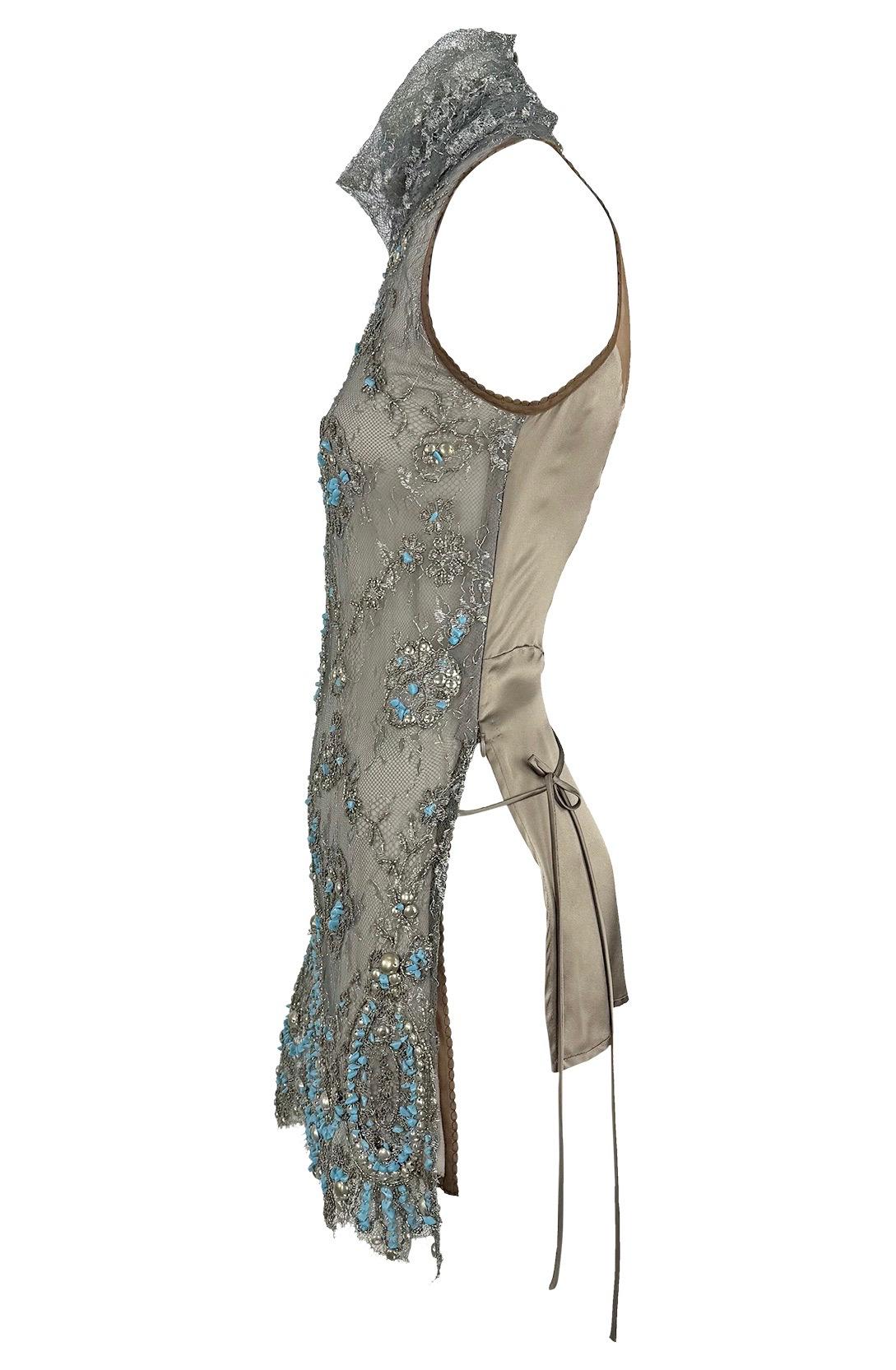 S/S 2006 Gianfranco Ferré Transparentes Türkis Perlenbesetztes Ärmelloses Braunes Tunika-Oberteil im Angebot 4