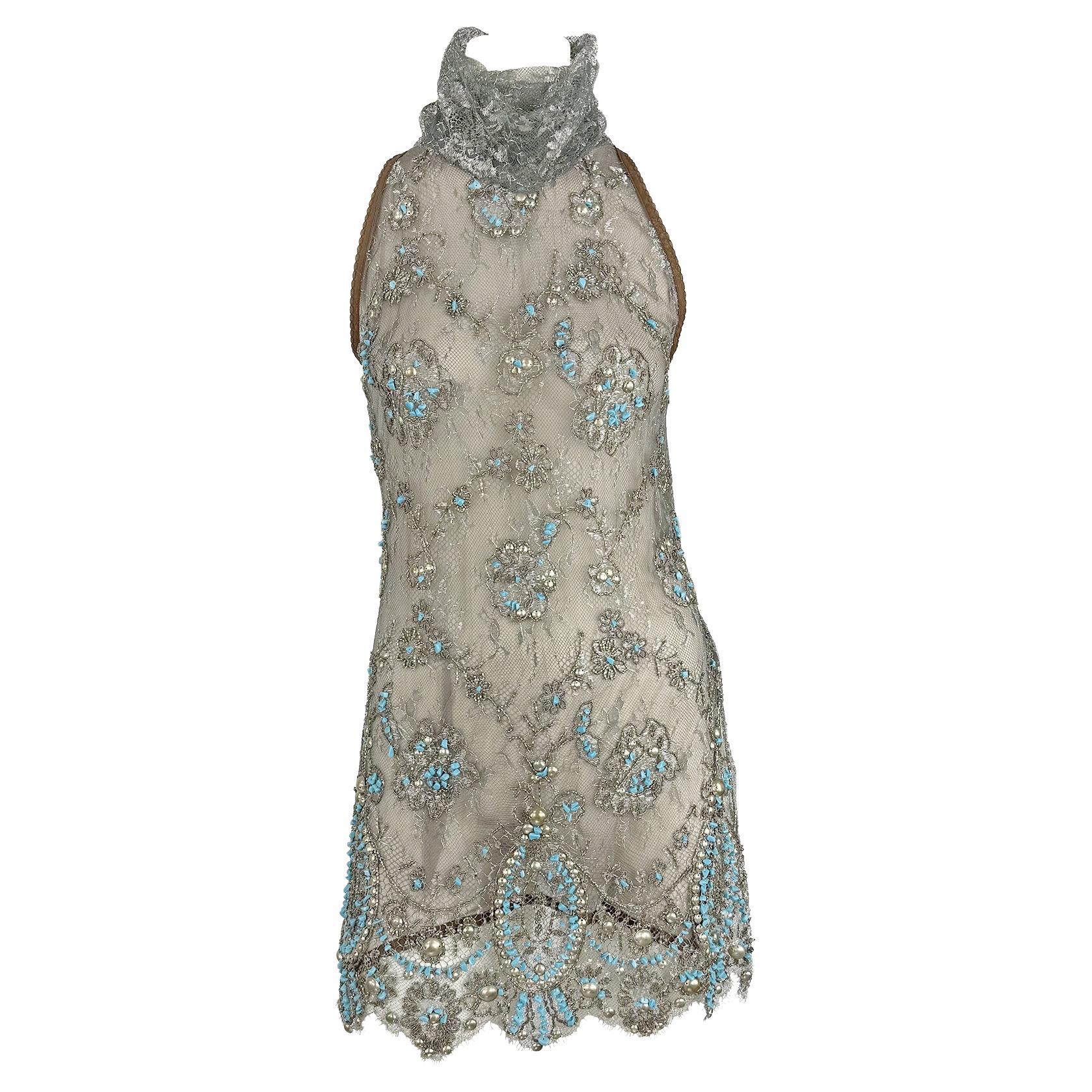 S/S 2006 Gianfranco Ferré Transparentes Türkis Perlenbesetztes Ärmelloses Braunes Tunika-Oberteil im Angebot