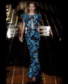 S/S 2006 Gucci Runway Blue Floral Silk Gold Tone Chain Super Mini Bag