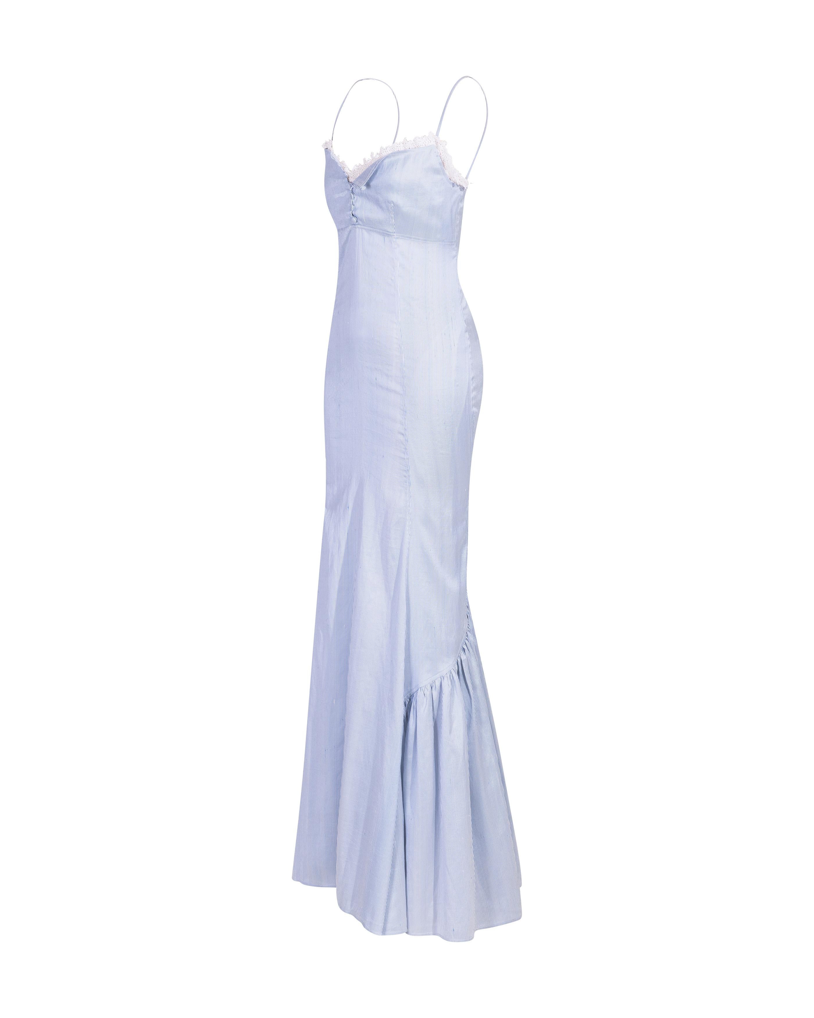 S/S 2006 Ralph Lauren Pinstriped Blue and White Lace Trim Gown In New Condition In North Hollywood, CA