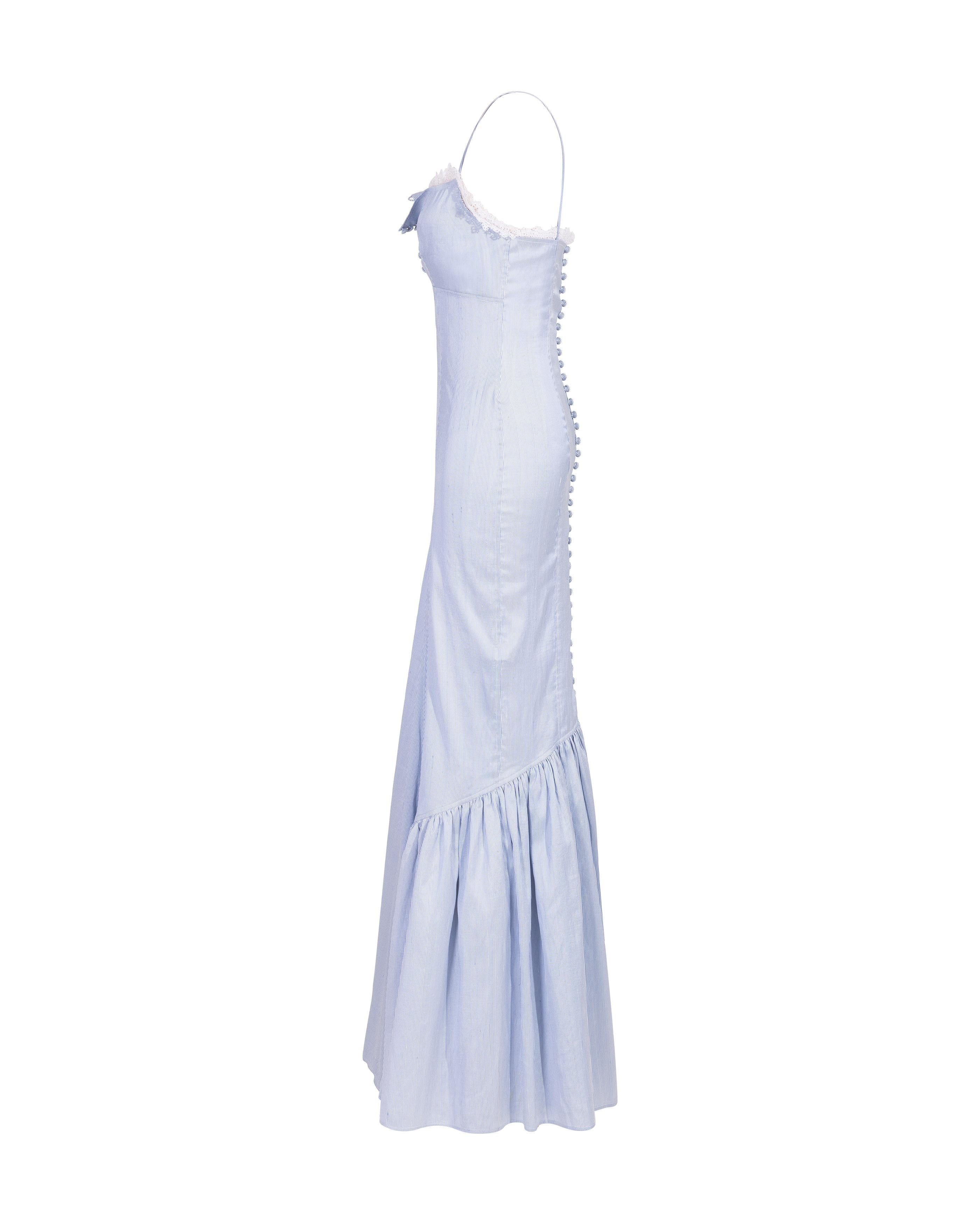 Women's S/S 2006 Ralph Lauren Pinstriped Blue and White Lace Trim Gown