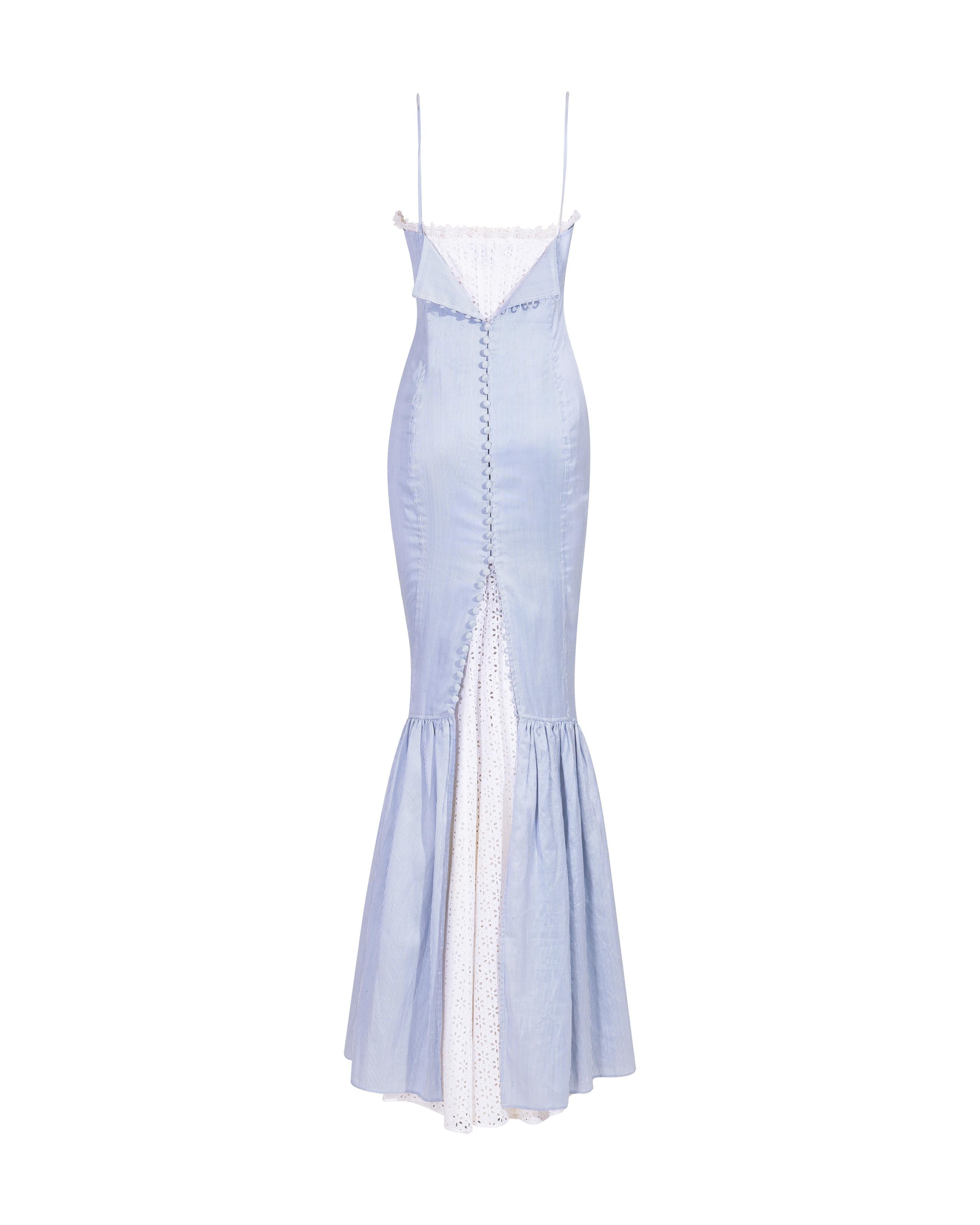 S/S 2006 Ralph Lauren Pinstriped Blue and White Lace Trim Gown 1