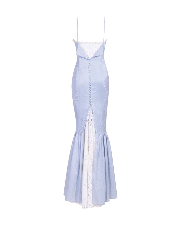 S/S 2006 Ralph Lauren Pinstriped Blue and White Lace Trim Gown S/S 2006 Ralph Lauren Pinstriped Blue and White Lace Trim Gown