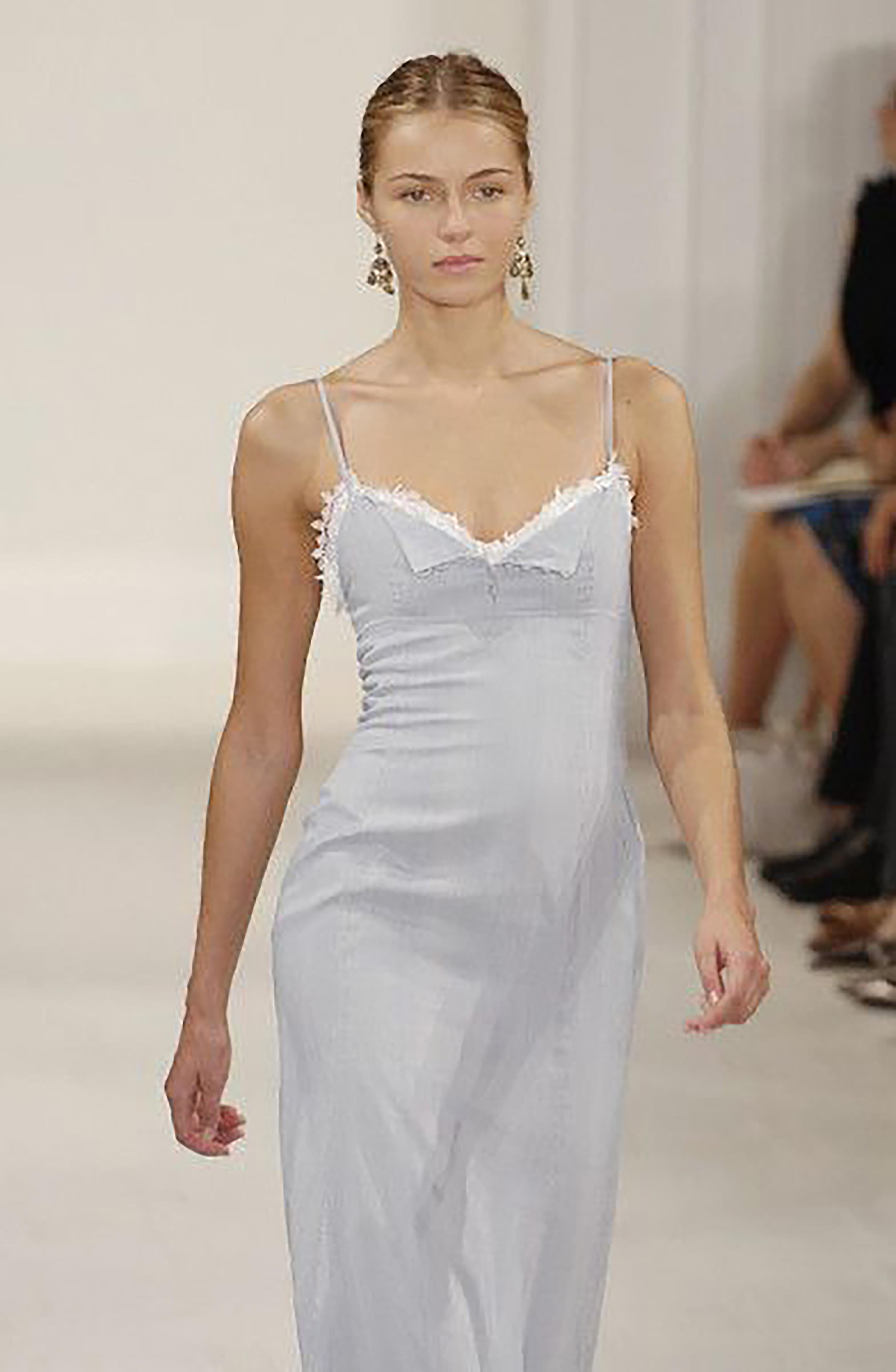 S/S 2006 Ralph Lauren Pinstriped Blue and White Lace Trim Gown 3