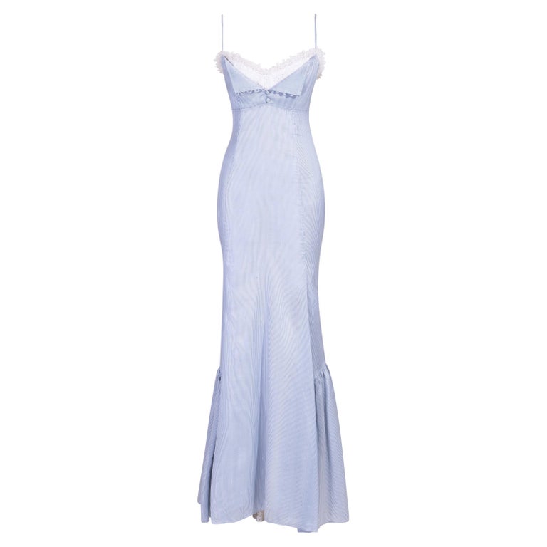 S/S 2006 Ralph Lauren Pinstriped Blue and White Lace Trim Gown at 1stDibs
