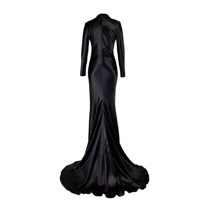 S/S 2007 Alexander McQueen silk satin evening gown with hand-beaded lapels and deep v-neckline. Long sleeve gown with large mermaid train. Tuxedo-style with small breast pocket - an inspired, updated take on Alexander McQueen's tailored suiting he
