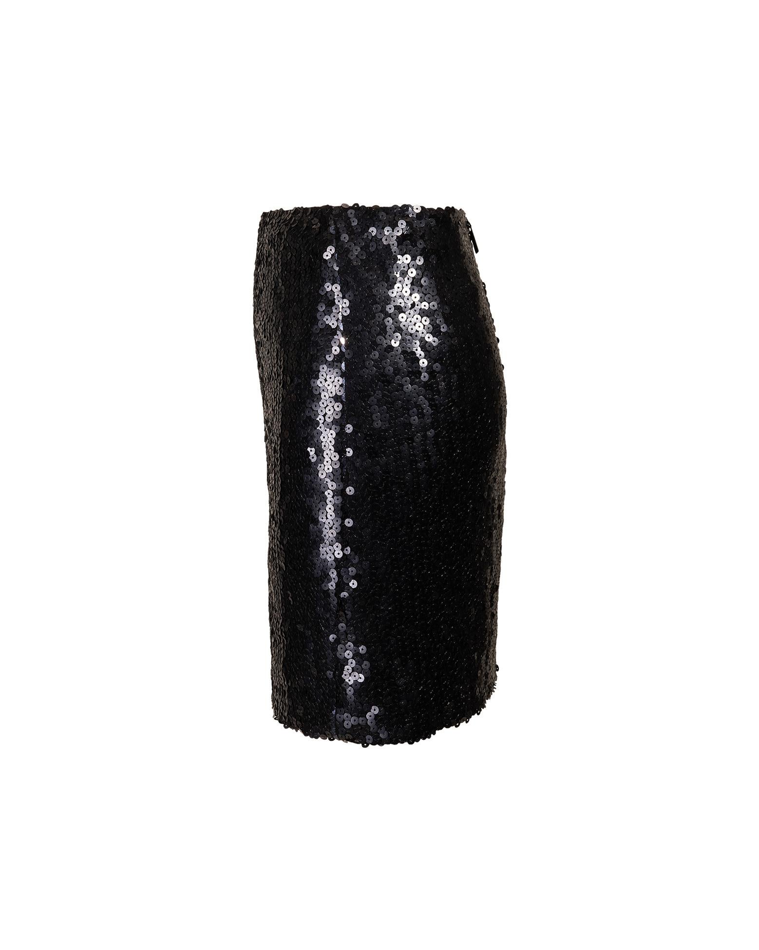 S/S 2007 Chanel black sequin mini skirt with silk lining. Fully sequined black skirt. Stamped back zip closure. Shorts version seen on runway and in the ad campaign.