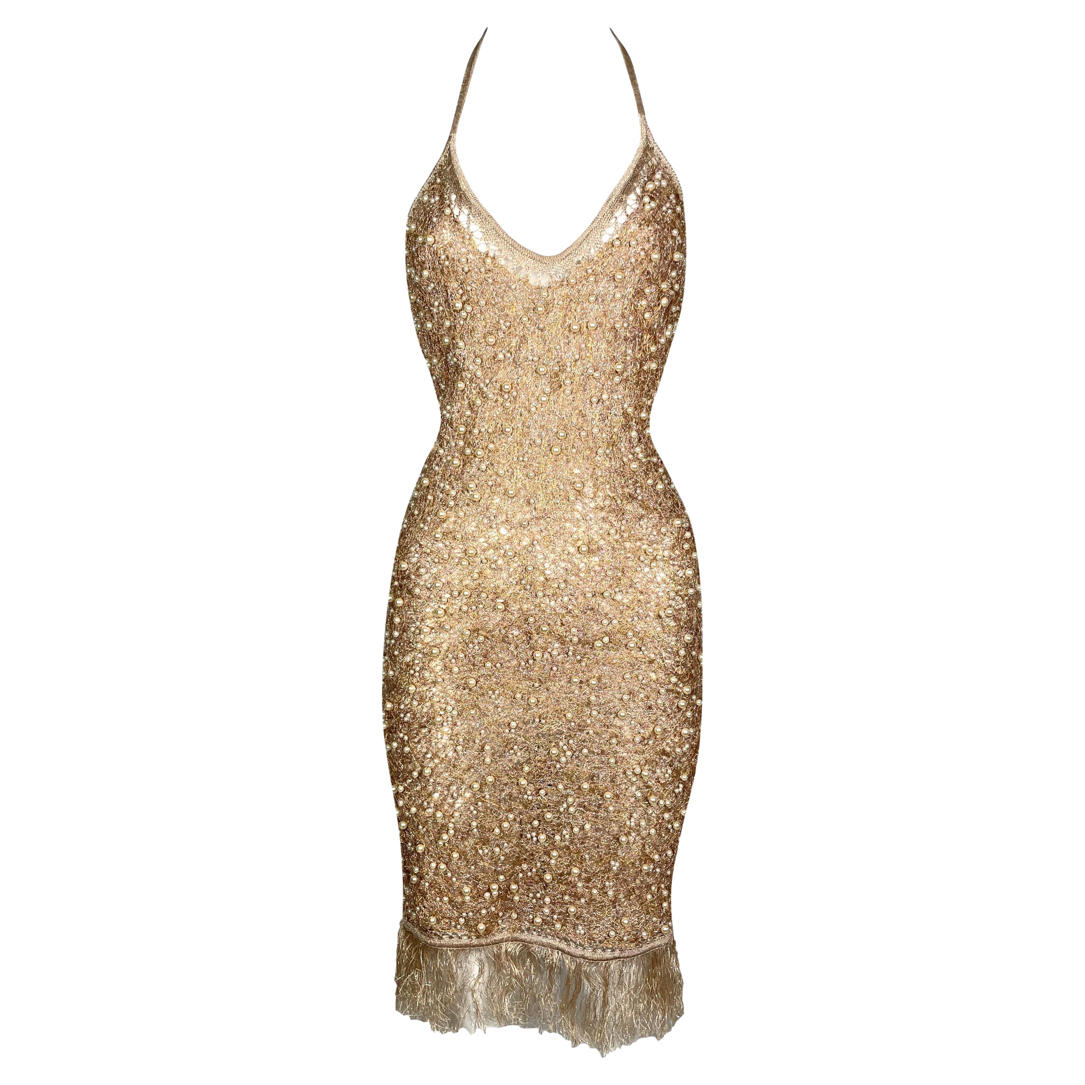 S/S 2007 John Galliano Sheer Pearl Embellished Nude & Gold Bodycon Halter Dress