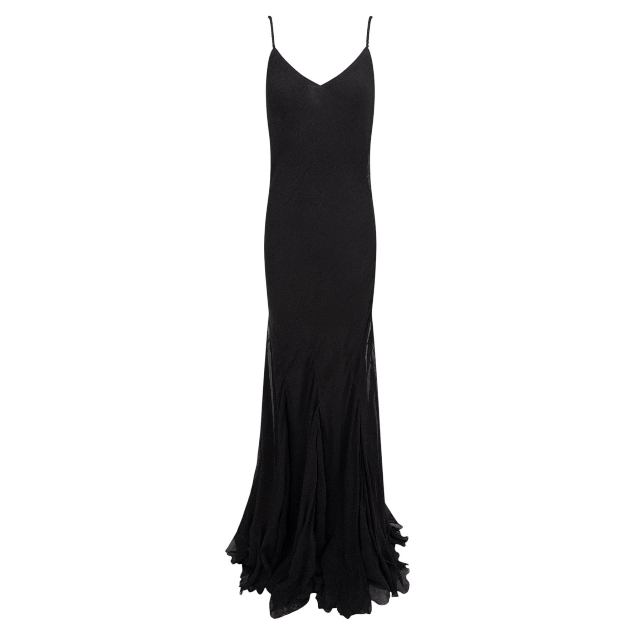 Ralph Lauren Frühjahr/Sommer 2007 – Laufsteg-Kollektion: Schwarzes Abendkleid aus Kreppseide und Chiffon mit ausgestelltem Rock