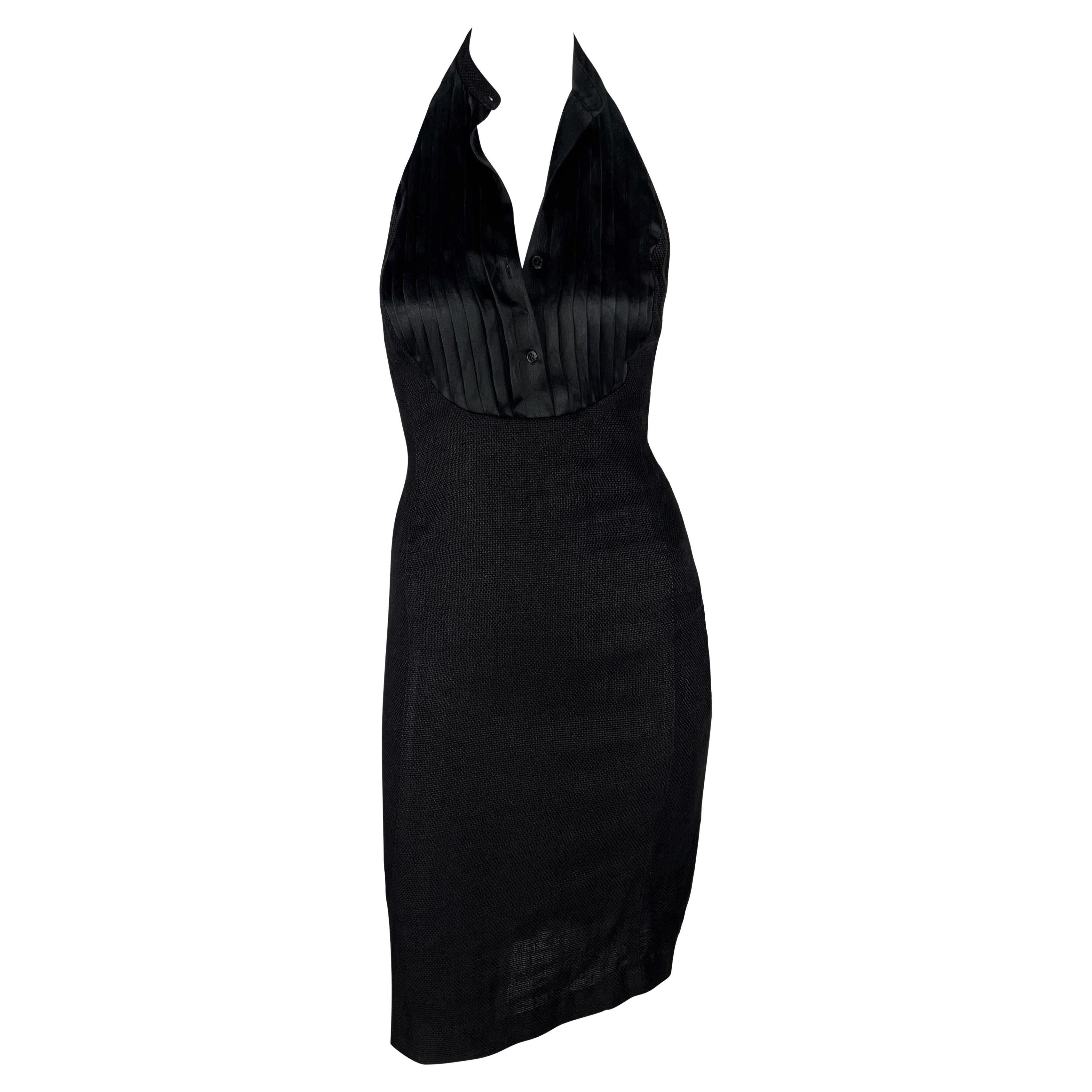 S/S 2007 Ralph Lauren Runway Black Linen Button Up Backless Halter Dress For Sale