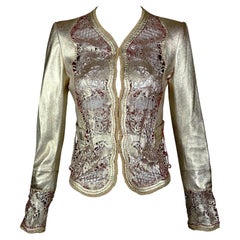 S/S 2007 Roberto Cavalli Gold & Red Laser Cut Leather Dragon Jacket 38