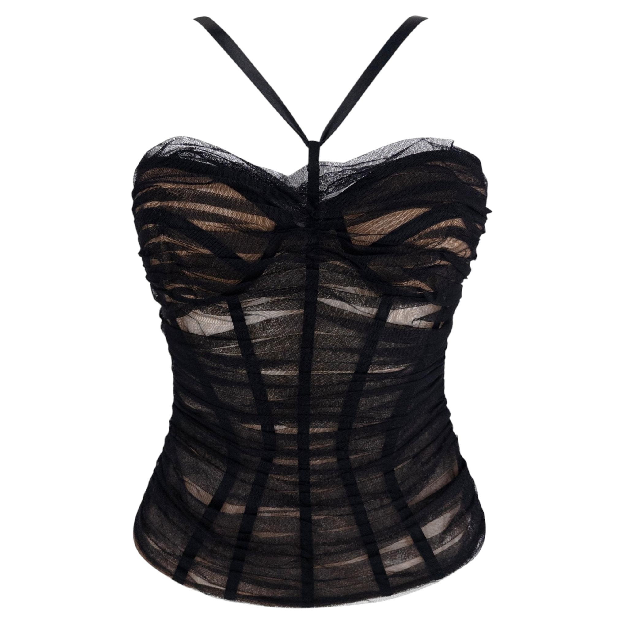 S/S 2007 Versace by Donatella Corset Boned Sheer Tulle Overlay Beige Bustier Top