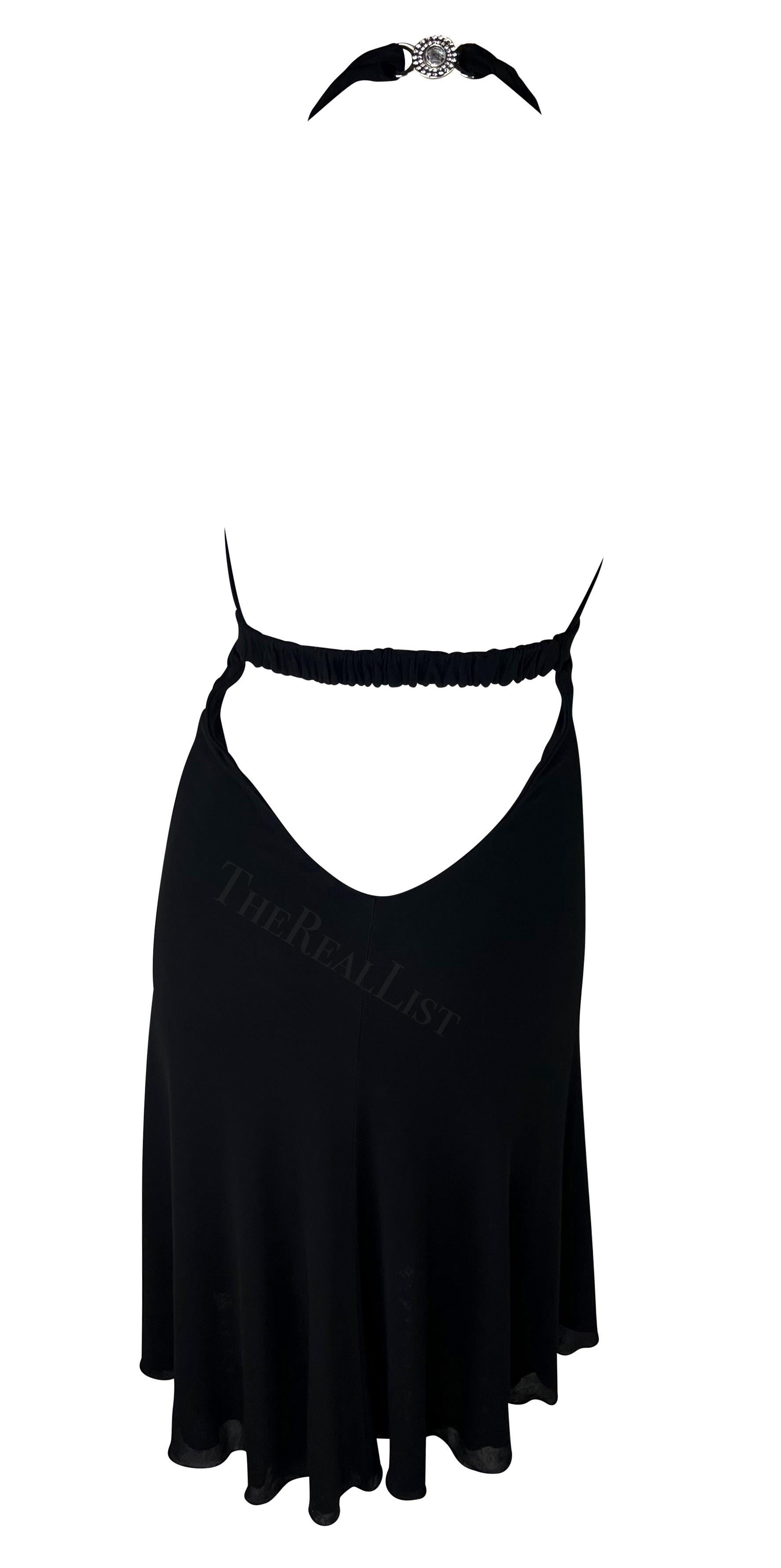 S/S 2007 Versace by Donatella Rhinestone Medusa Black Halter Flare Mini Dress For Sale 6