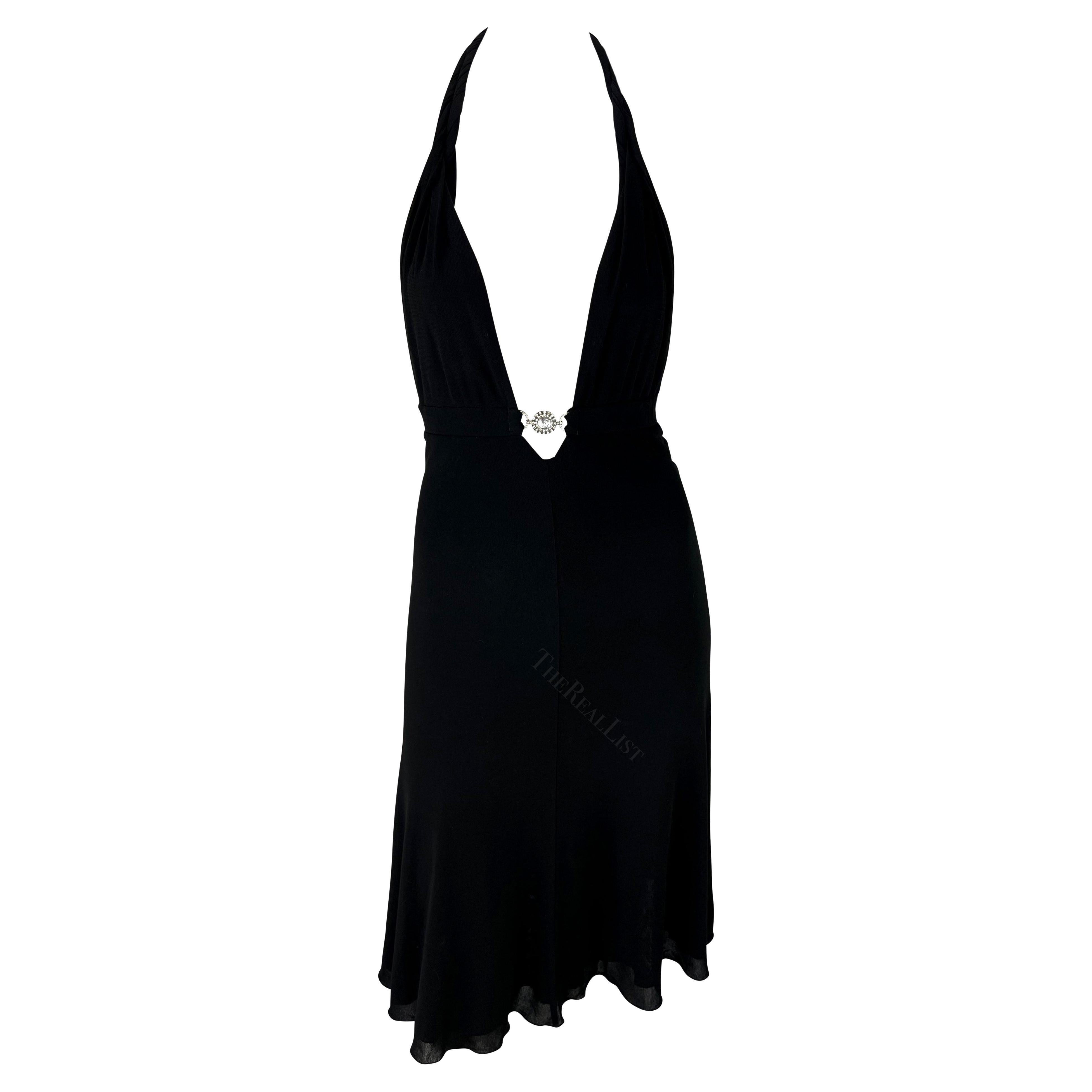 S/S 2007 Versace by Donatella Rhinestone Medusa Black Halter Flare Mini Dress For Sale