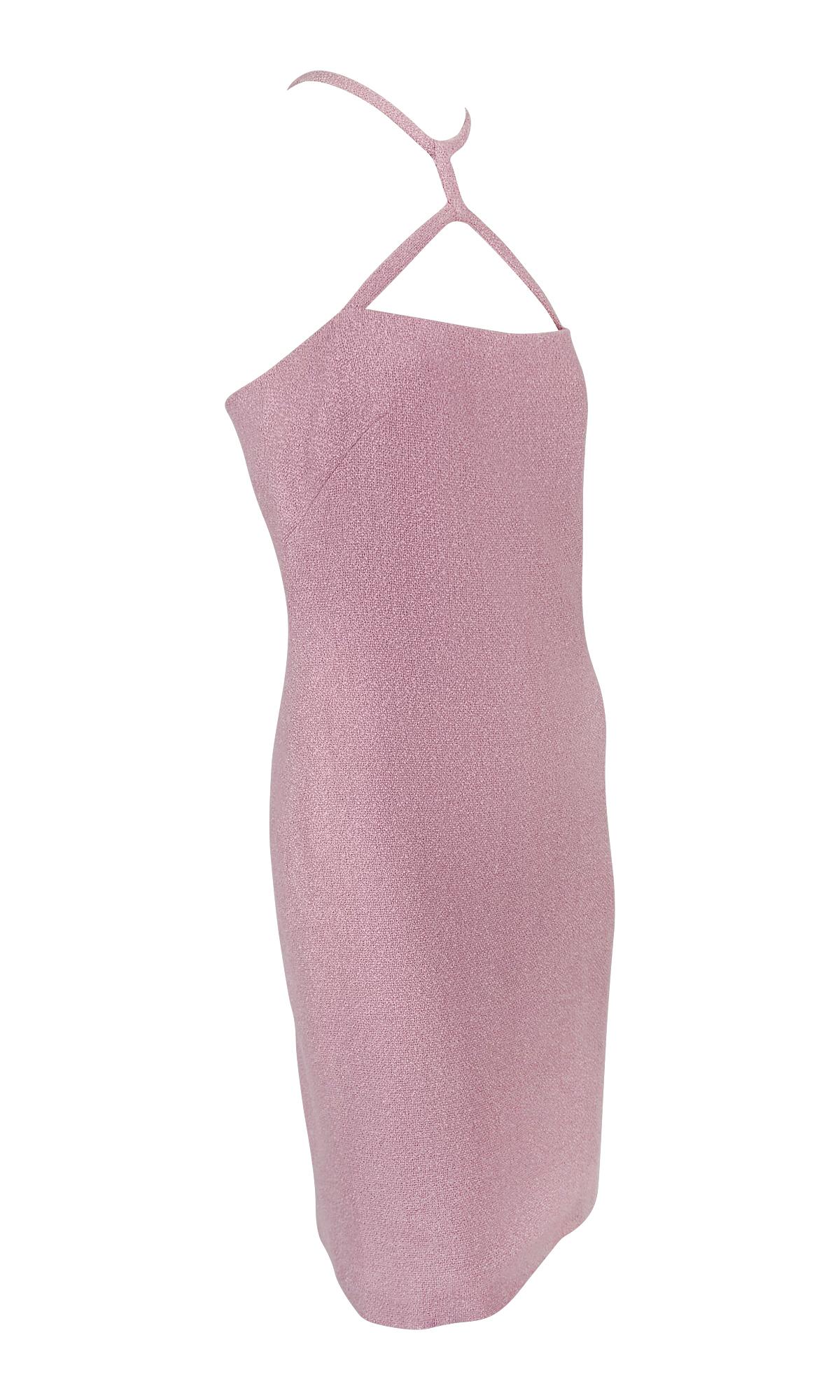 S/S 2007 Versace by Donatella Runway Pink Tweed Medusa Buckle Halter Mod Dress For Sale 5