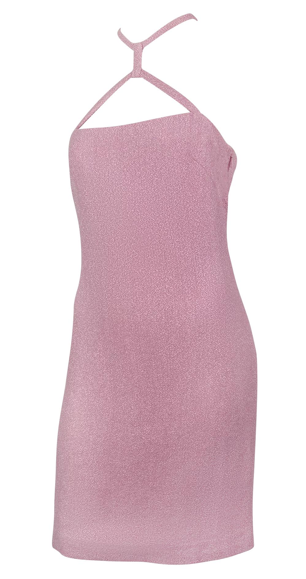 S/S 2007 Versace by Donatella Runway Pink Tweed Medusa Buckle Halter Mod Dress In Excellent Condition For Sale In West Hollywood, CA