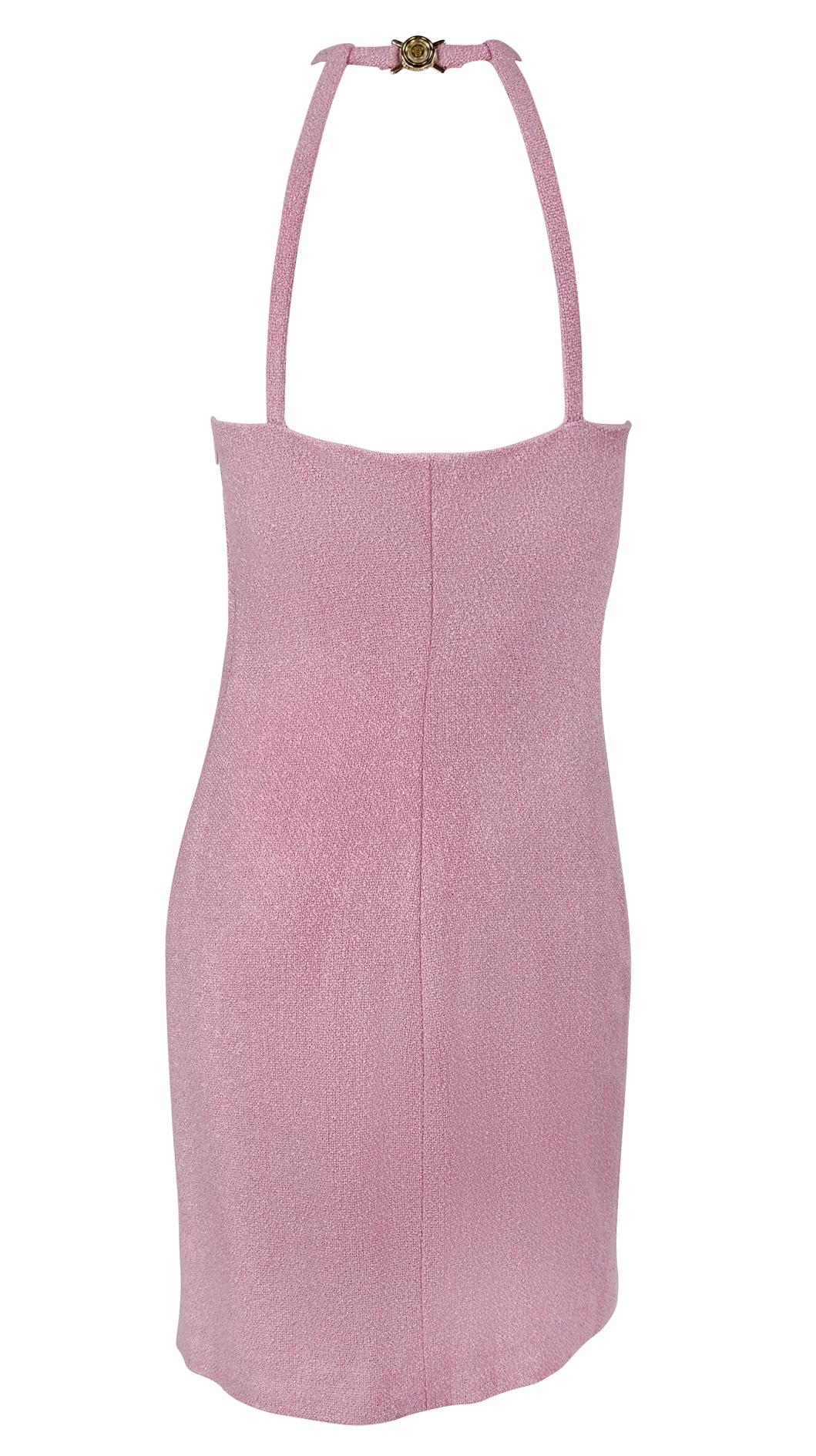 S/S 2007 Versace by Donatella Runway Pink Tweed Medusa Buckle Halter Mod Dress For Sale 2