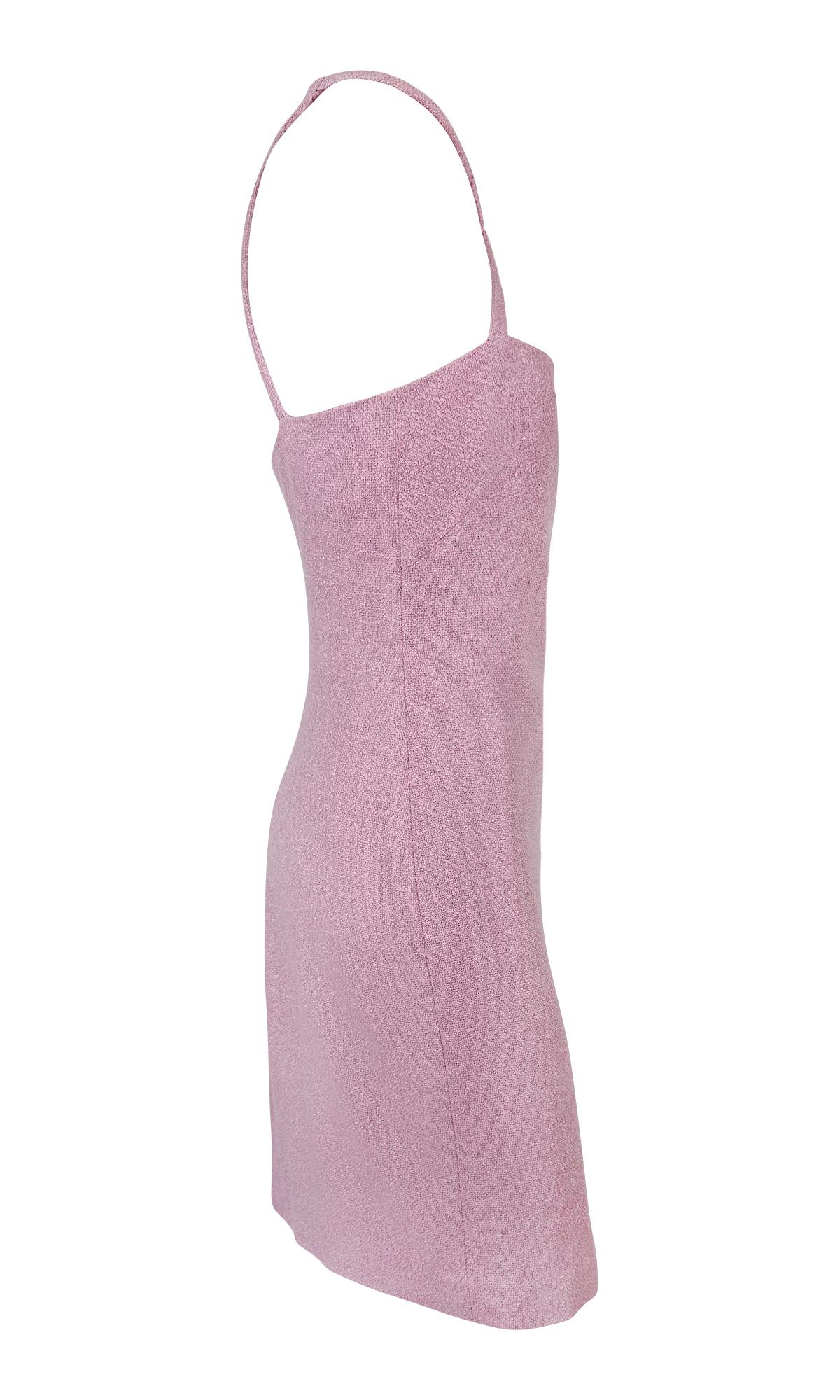 S/S 2007 Versace by Donatella Runway Pink Tweed Medusa Buckle Halter Mod Dress For Sale 4