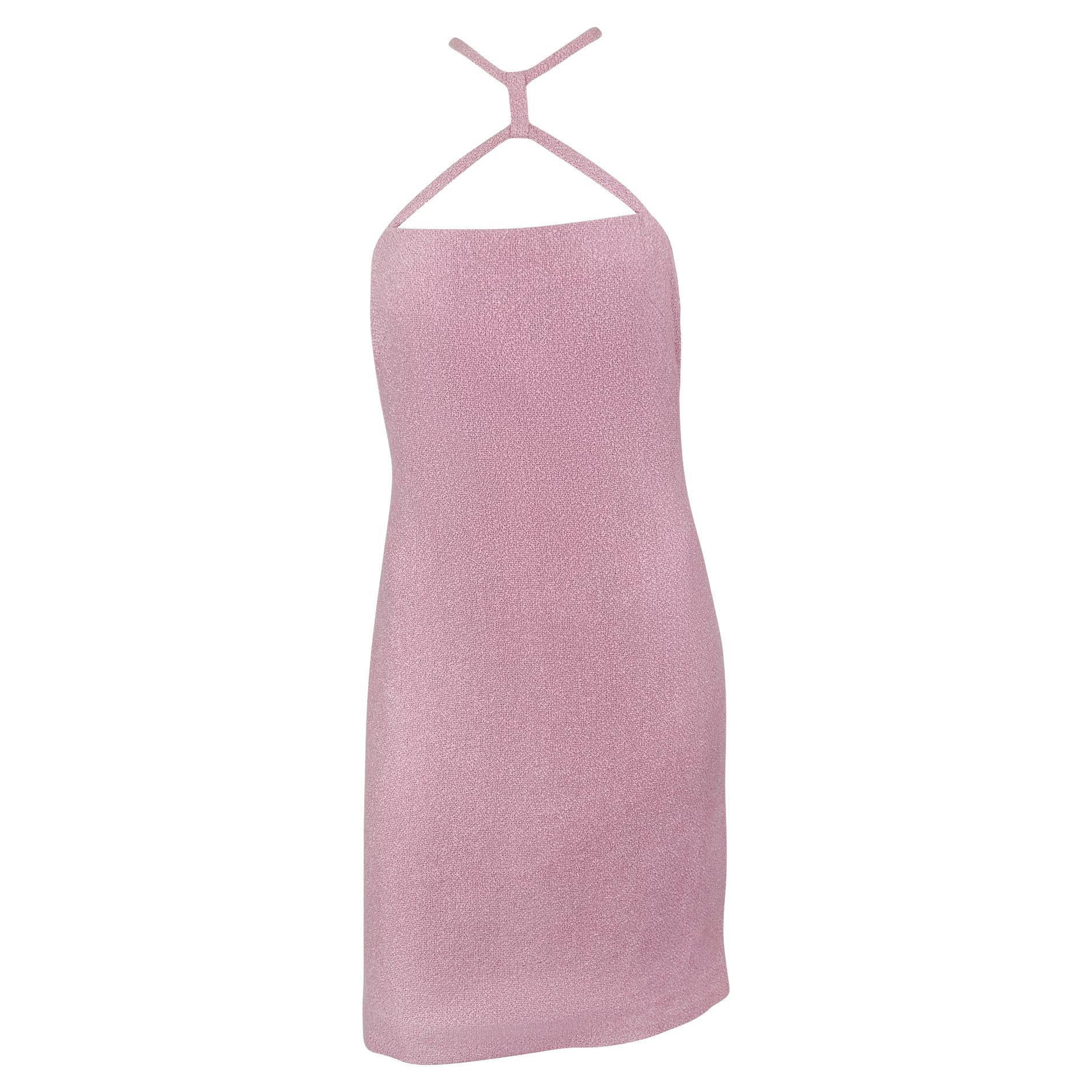 S/S 2007 Versace by Donatella Runway Pink Tweed Medusa Buckle Halter Mod Dress For Sale