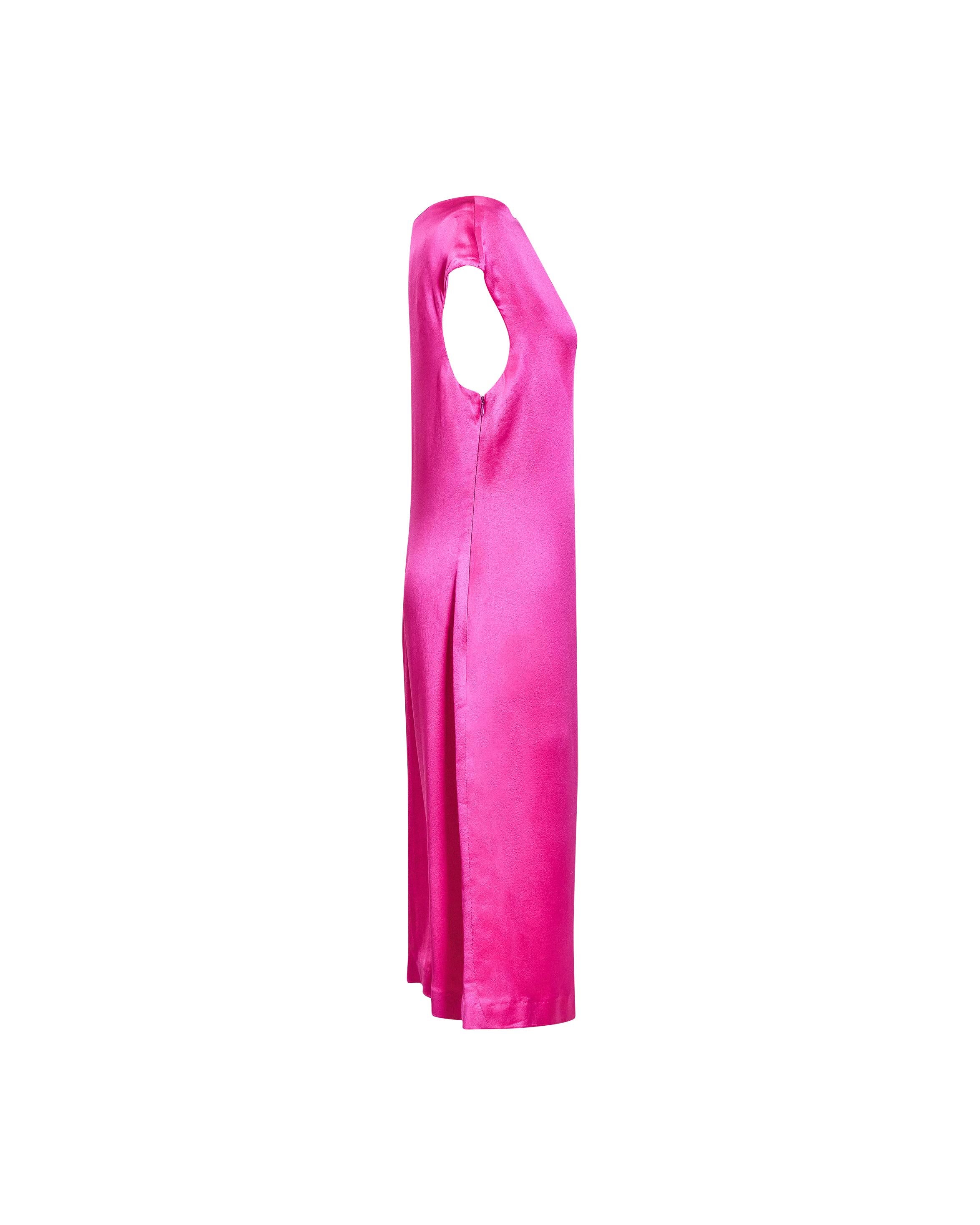 S/S 2008 Alexander McQueen hot pink asymmetrical charmeuse midi dress. Features subtle asymmetrical stitching across front. Side zip closure and built-in silk lining.