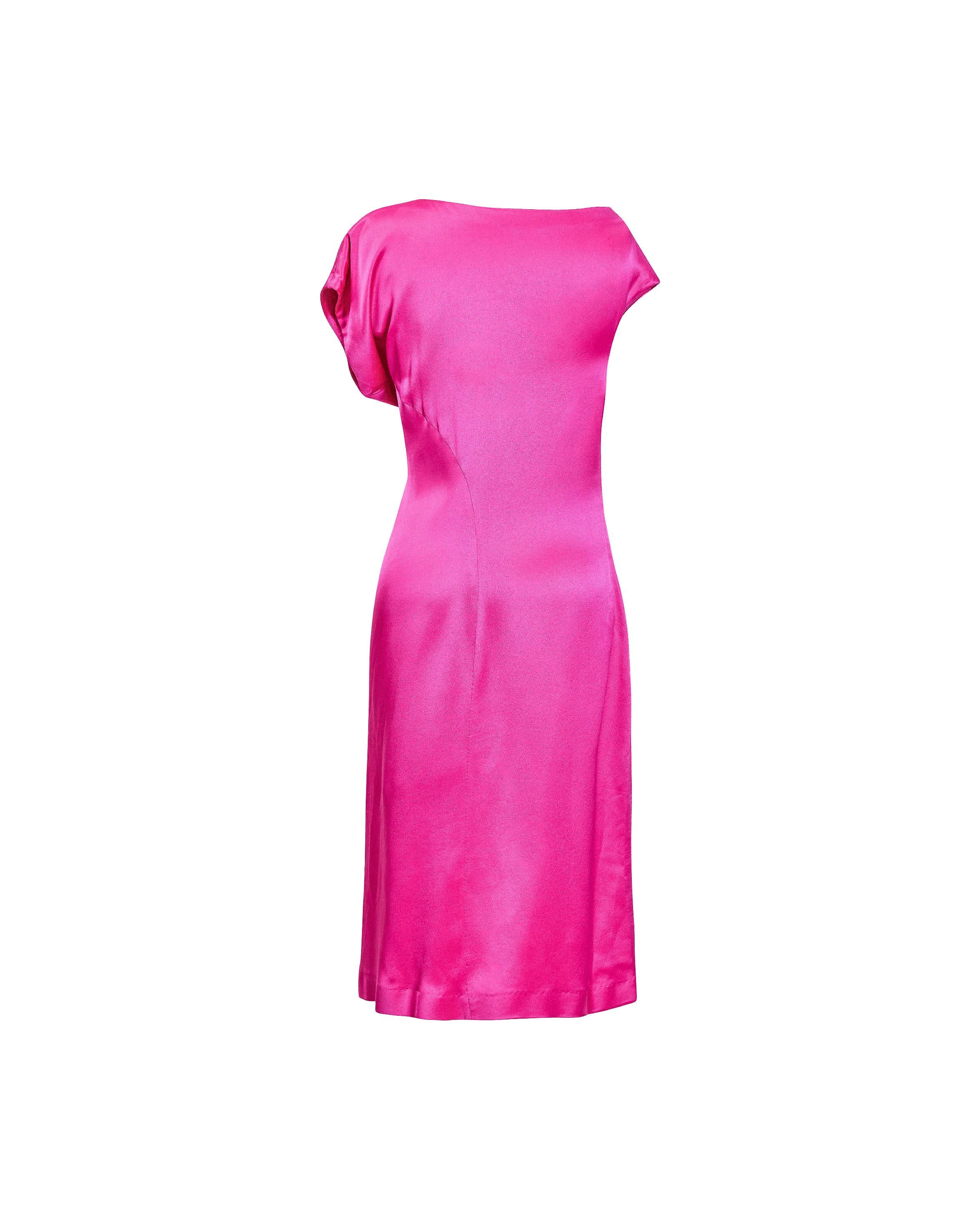 S/S 2008 Alexander McQueen Hot Pink Silk Charmeuse Asymmetrical Midi Dress In Excellent Condition In North Hollywood, CA