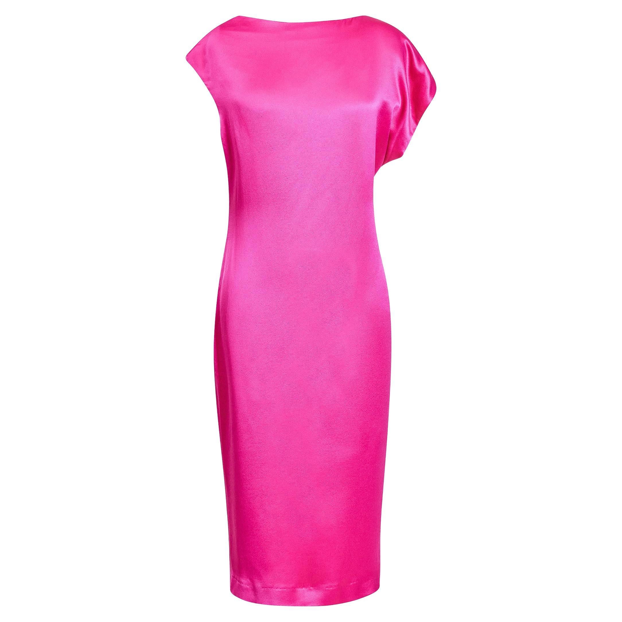 S/S 2008 Alexander McQueen Hot Pink Silk Charmeuse Asymmetrical Midi Dress