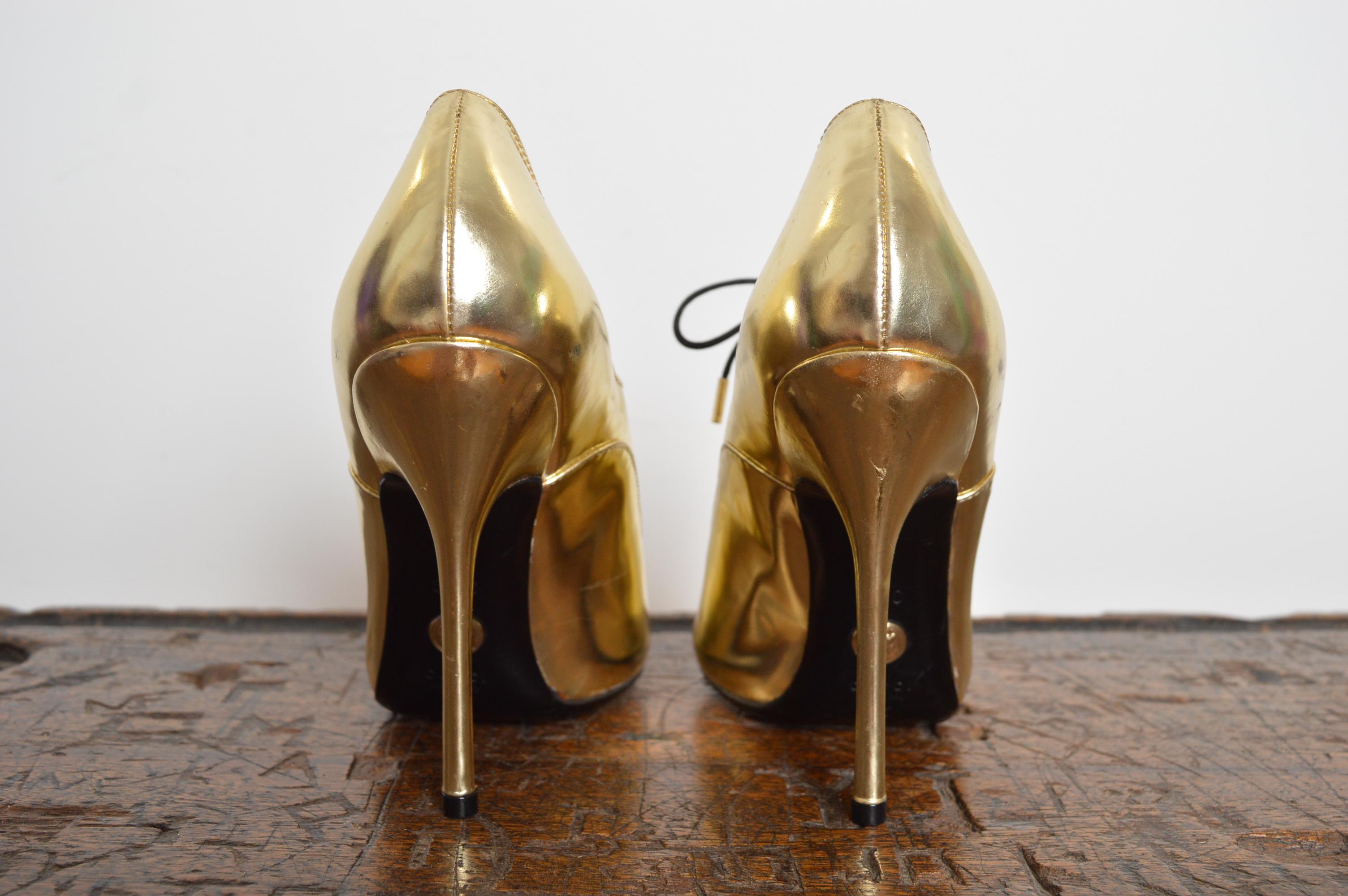 S/S 2008 GUCCI Pale Gold Peep Toe Leather Stiletto lace Up High Heels in vendita 5