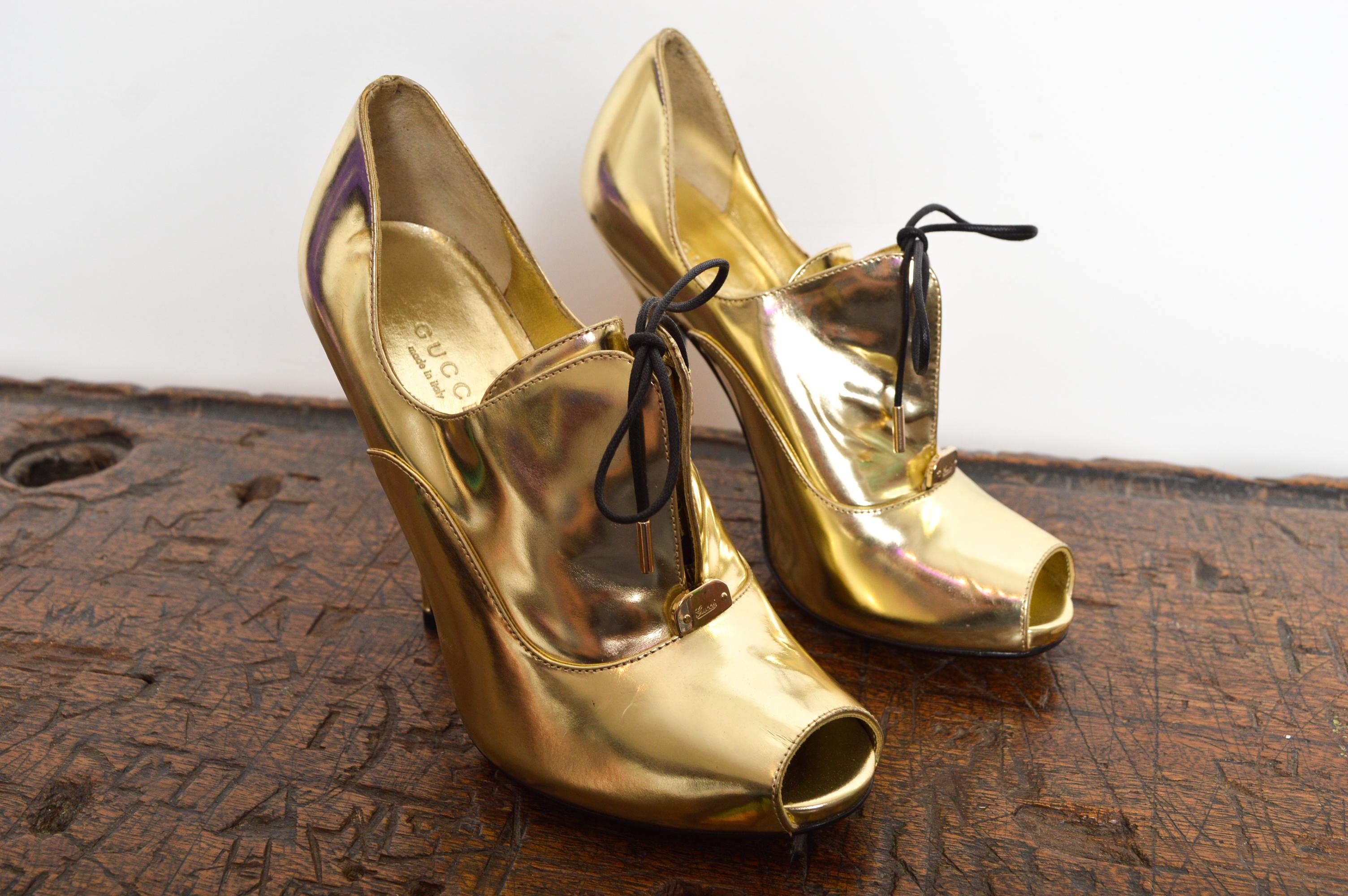 S/S 2008 GUCCI Pale Gold Peep Toe Leather Stiletto lace Up High Heels in vendita 10