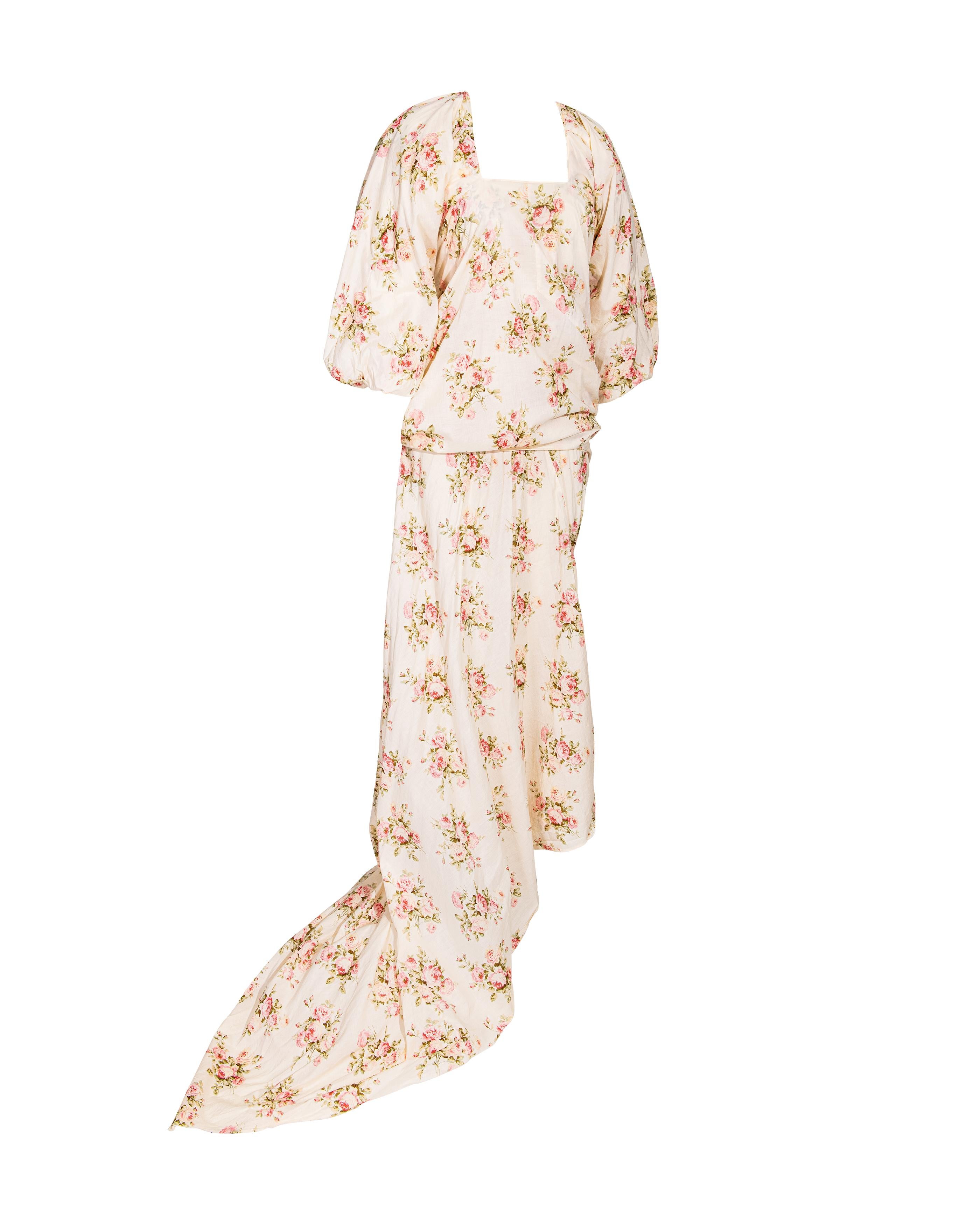 S/S 2008 Junya Watanabe Ecru Cotton Dress with Pink Floral Pattern In Excellent Condition For Sale In North Hollywood, CA