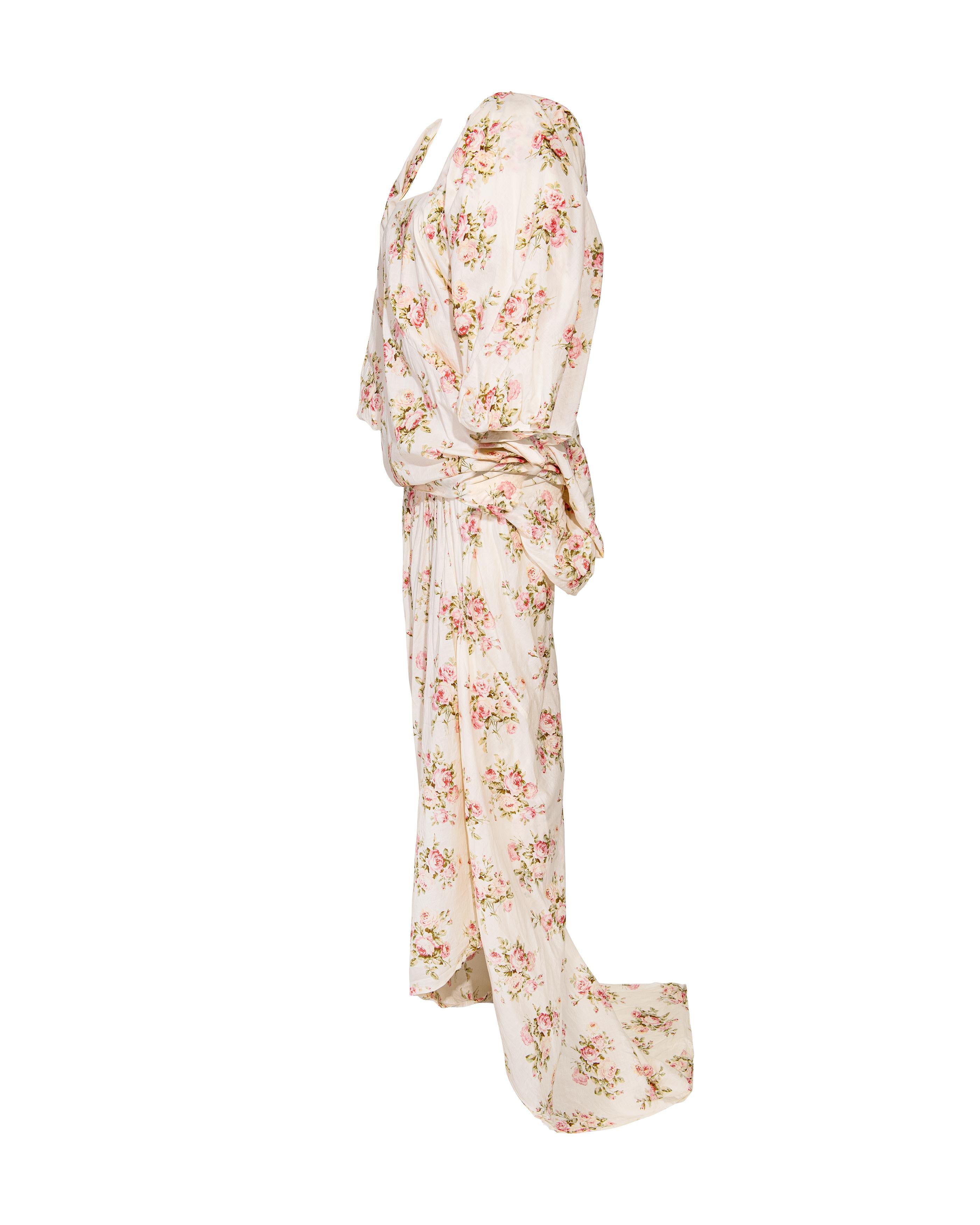 F/S 2008 Junya Watanabe Ecrufarbenes Baumwollkleid mit rosa Blumenmuster Damen im Angebot