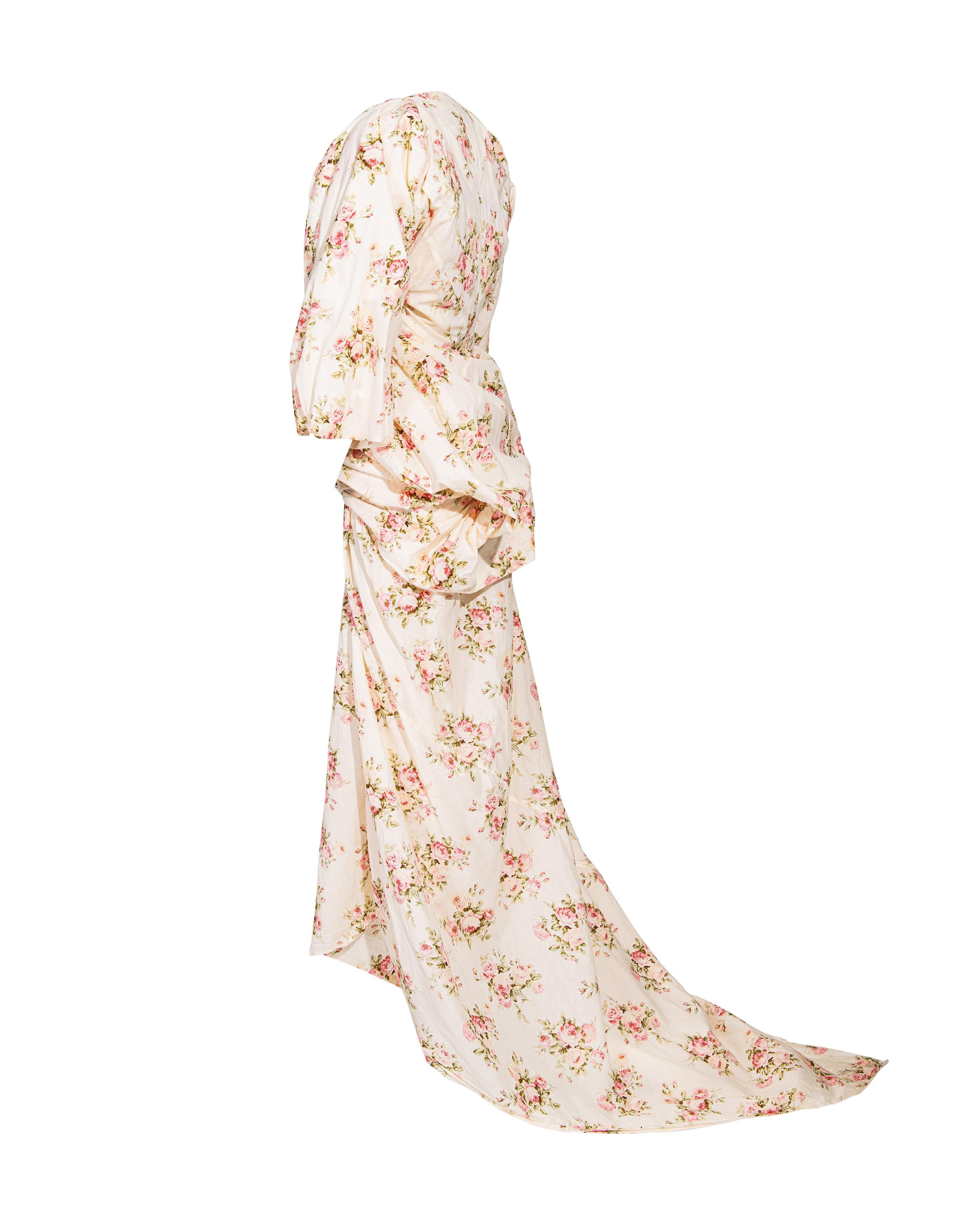 F/S 2008 Junya Watanabe Ecrufarbenes Baumwollkleid mit rosa Blumenmuster im Angebot 1