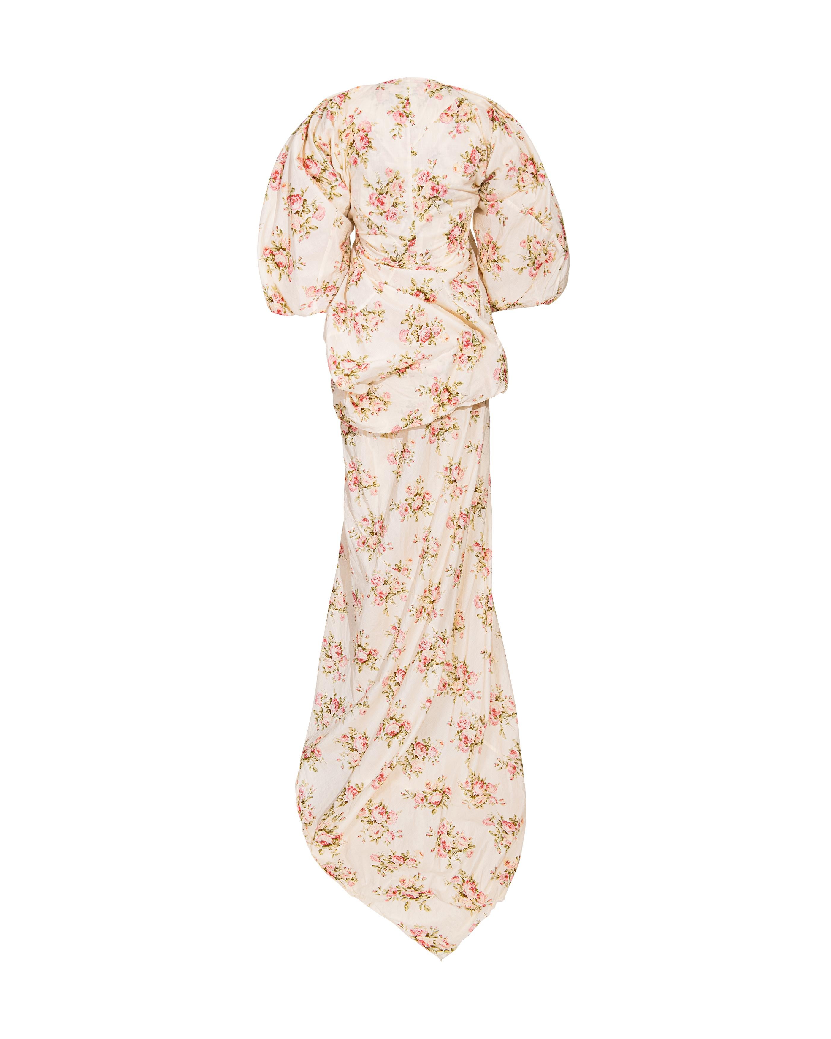 F/S 2008 Junya Watanabe Ecrufarbenes Baumwollkleid mit rosa Blumenmuster im Angebot 2