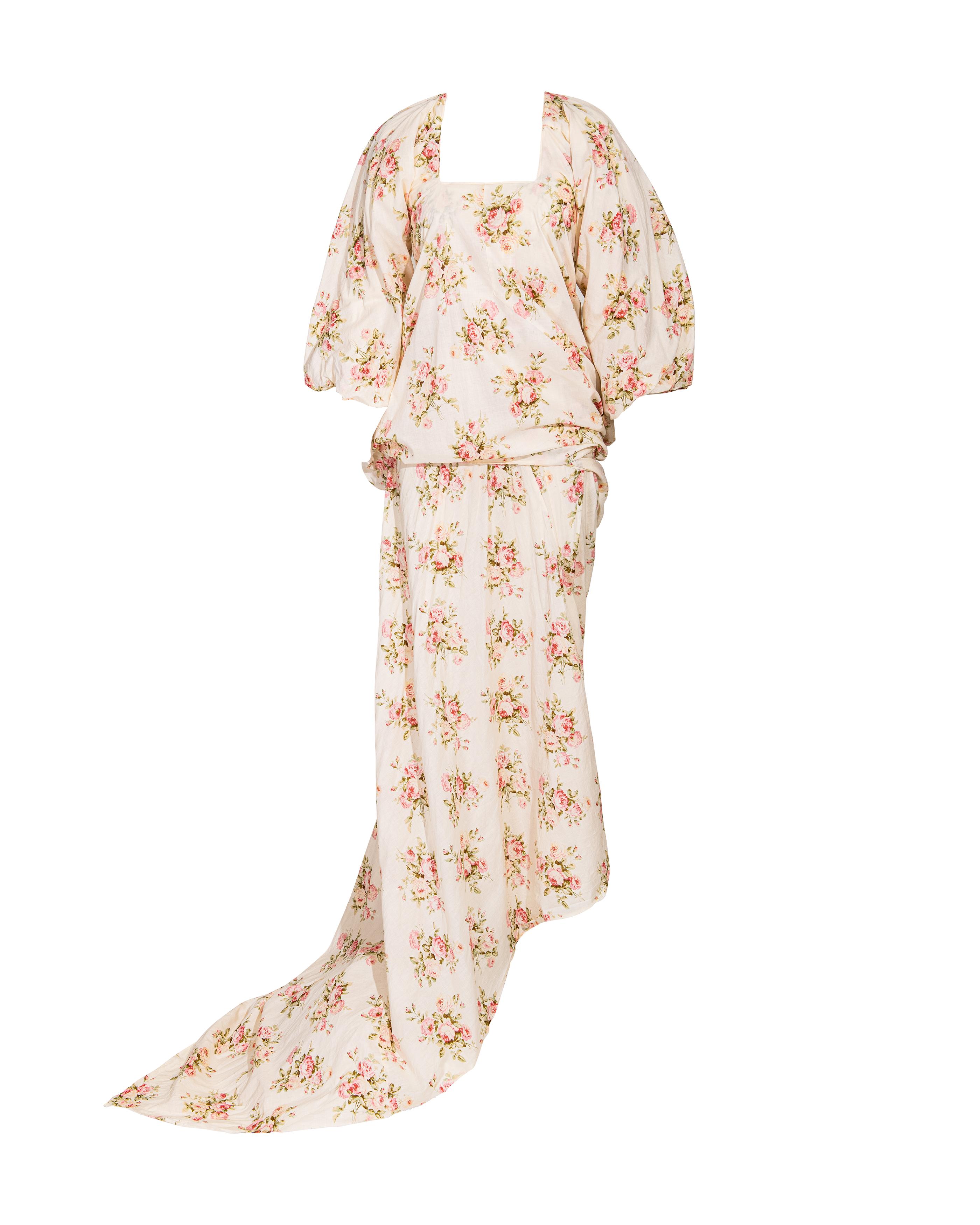 S/S 2008 Junya Watanabe Ecru Cotton Dress with Pink Floral Pattern For Sale 5