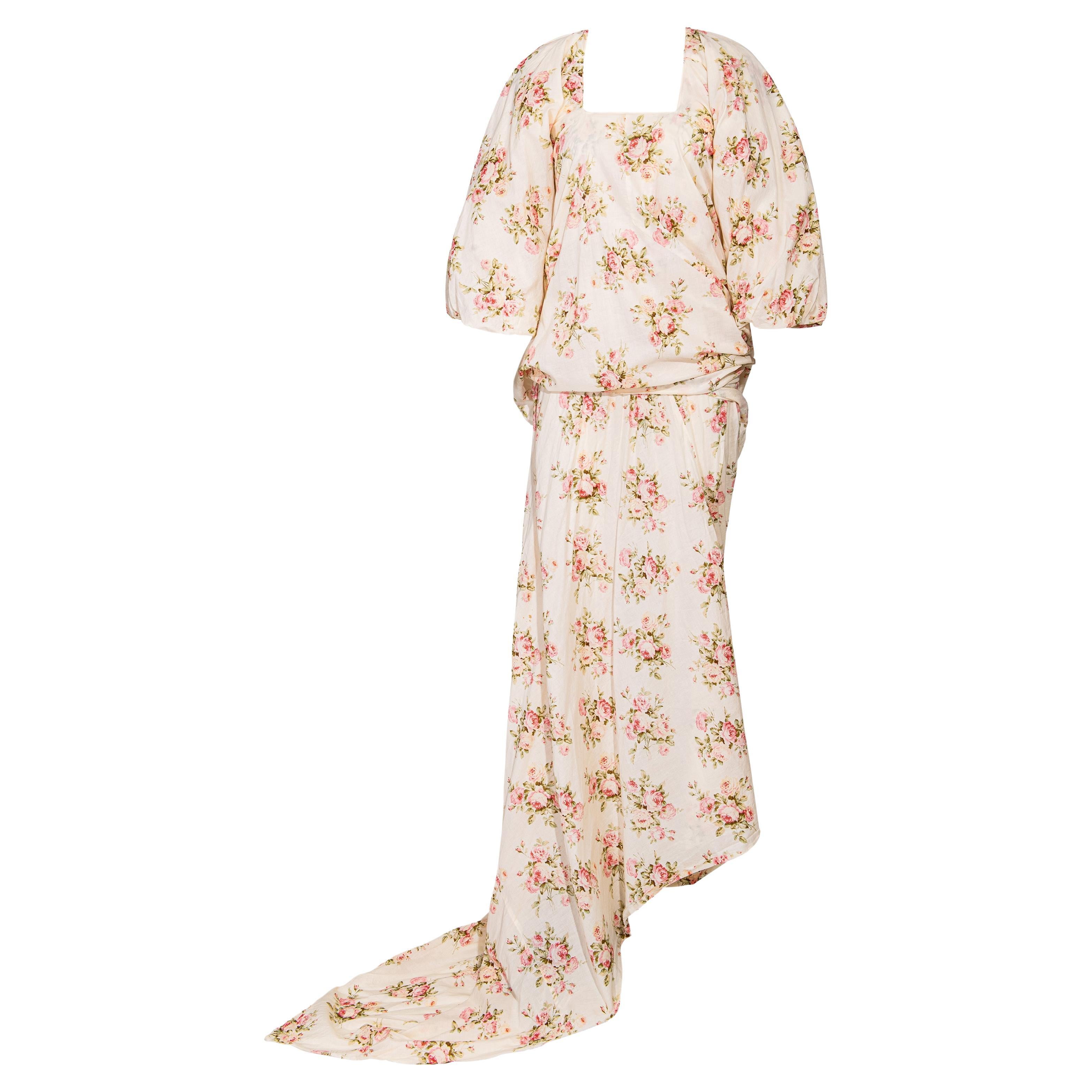 F/S 2008 Junya Watanabe Ecrufarbenes Baumwollkleid mit rosa Blumenmuster im Angebot