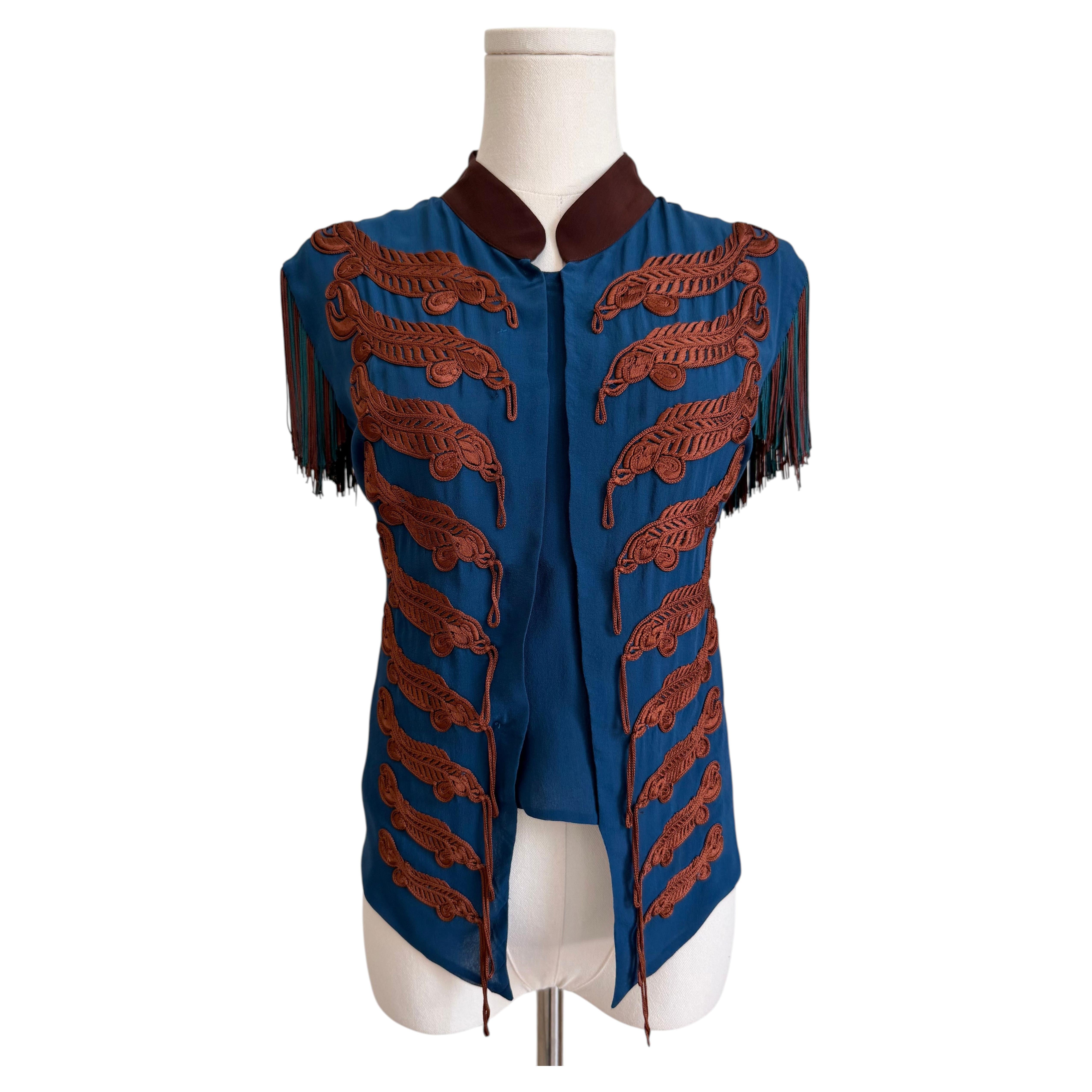 S/S 2008 - Top militaire en soie brodé de franges