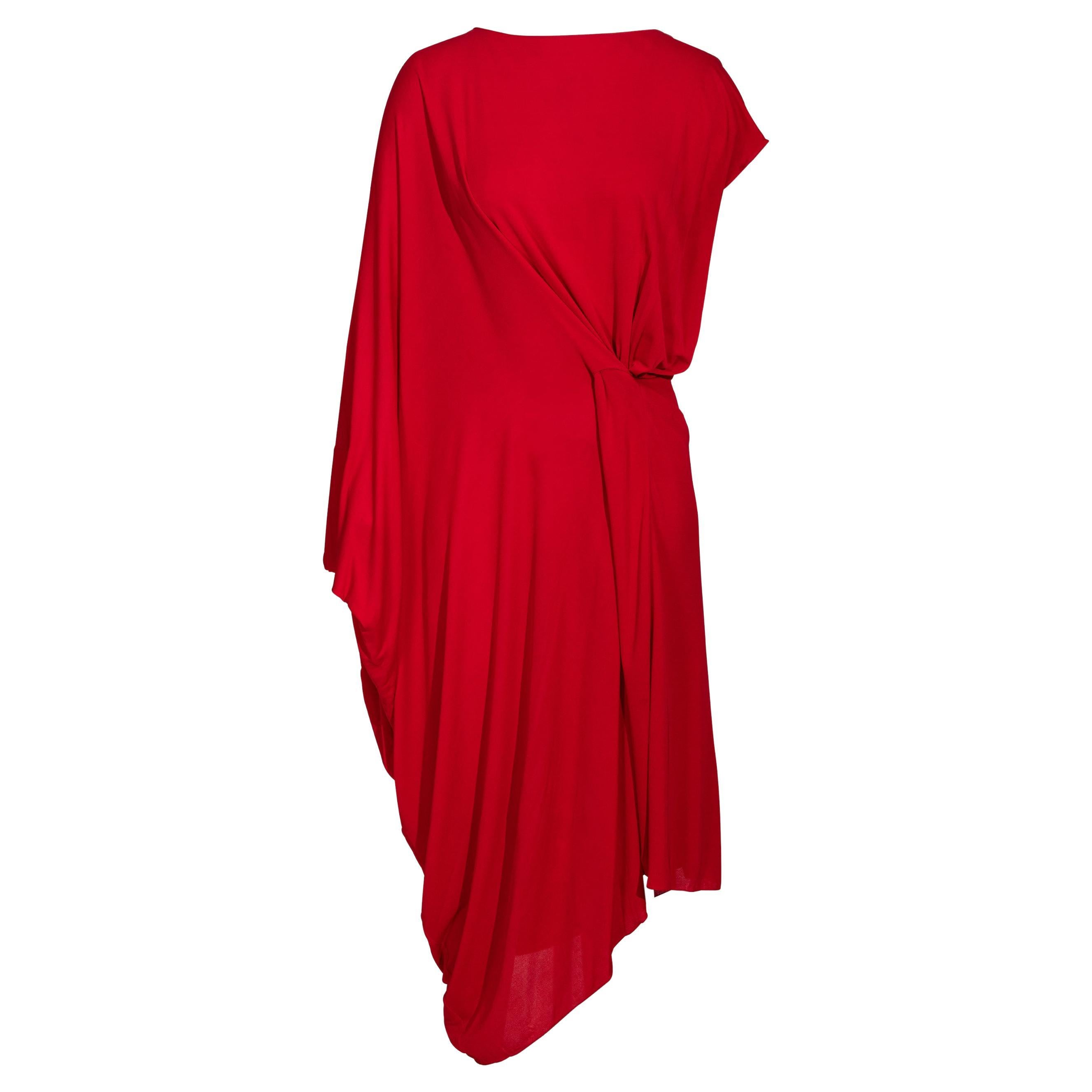 S/S 2009 Maison Martin Margiela Red Jersey Asymmetrical Drape Dress For Sale