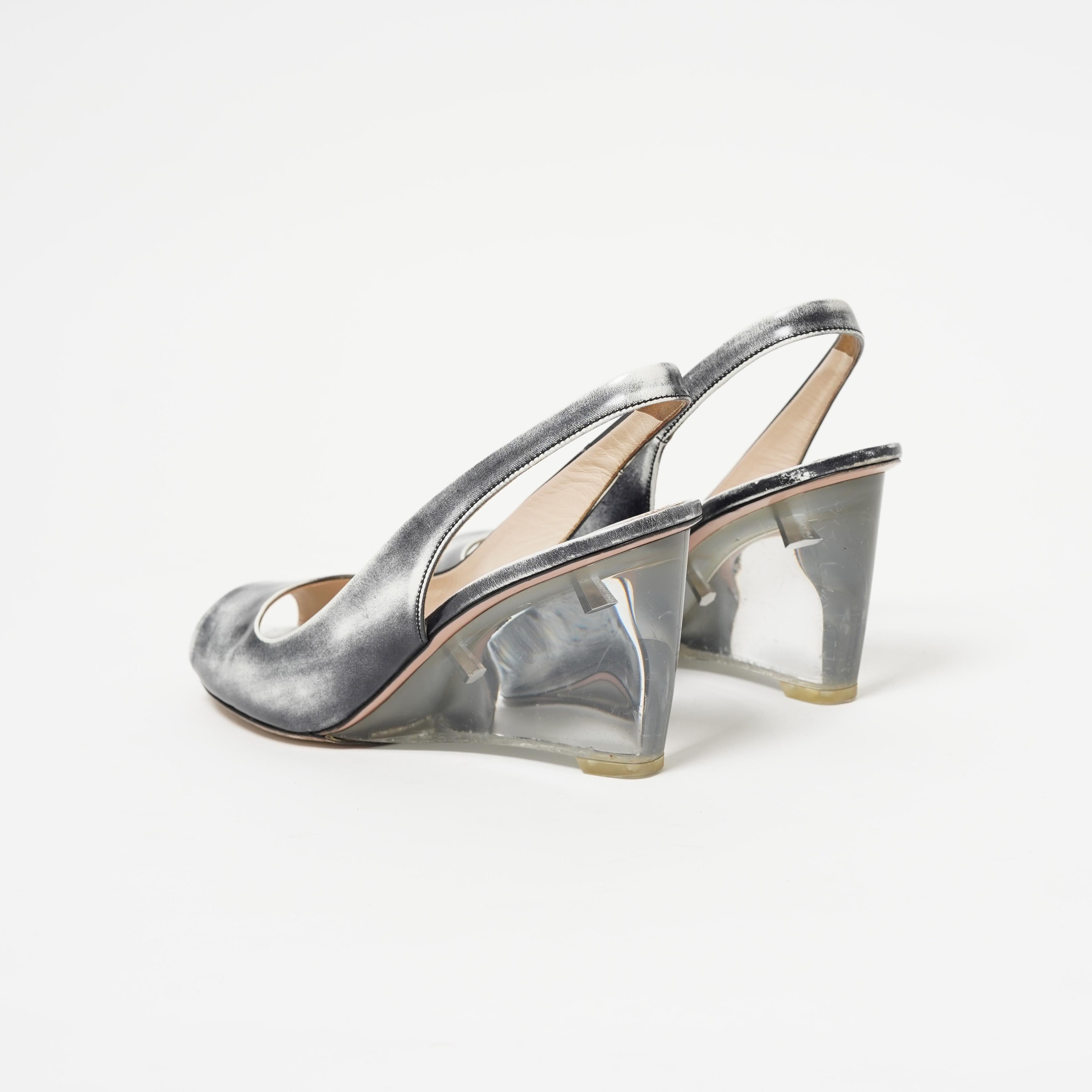 Gray S/S 2010 Prada distressed leather effect slingback wedge sandals For Sale