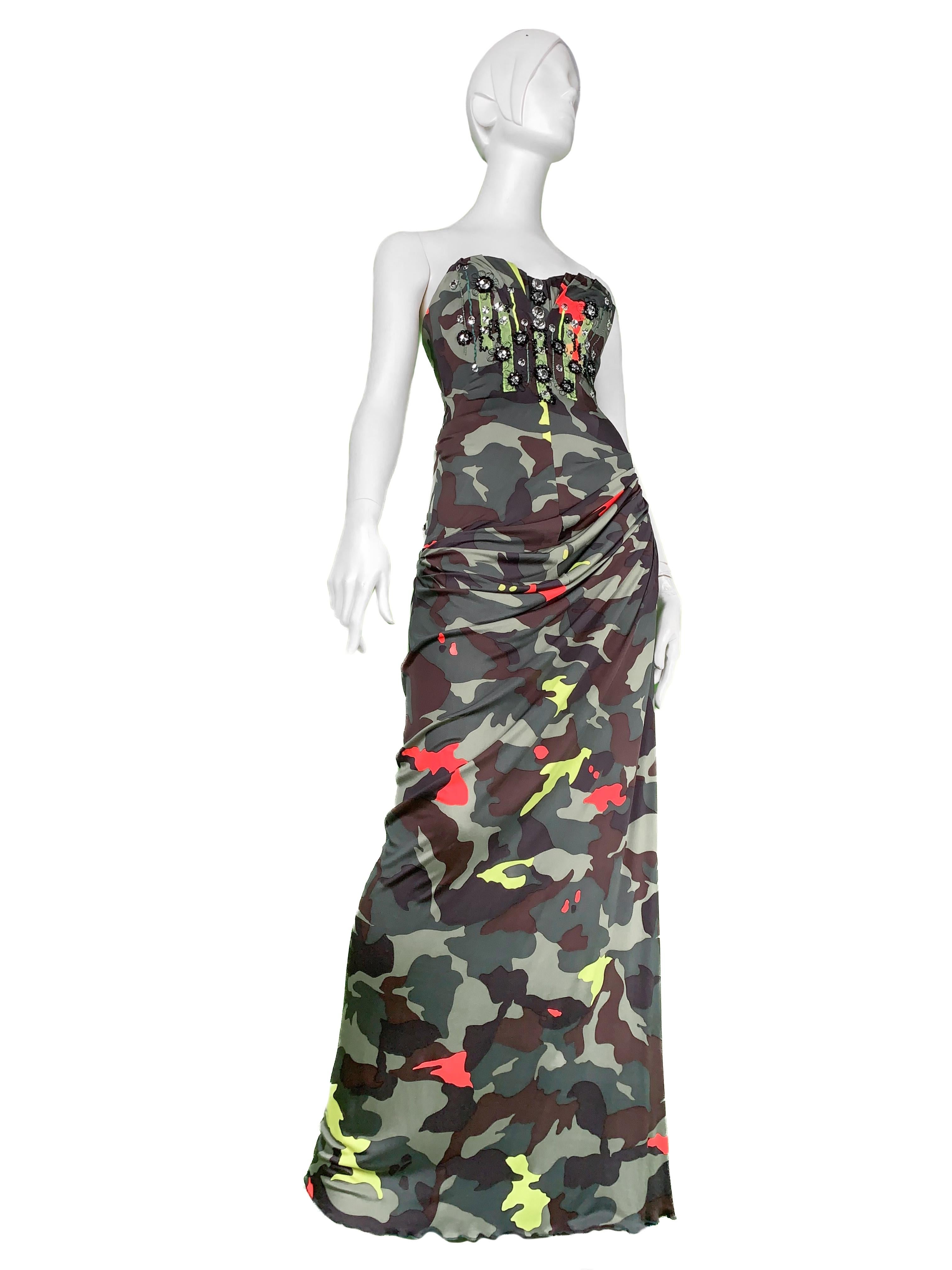 S/S 2010 Runway Blumarine Y2K Corseted Crystal Embellished Printed Bustier Dress 1