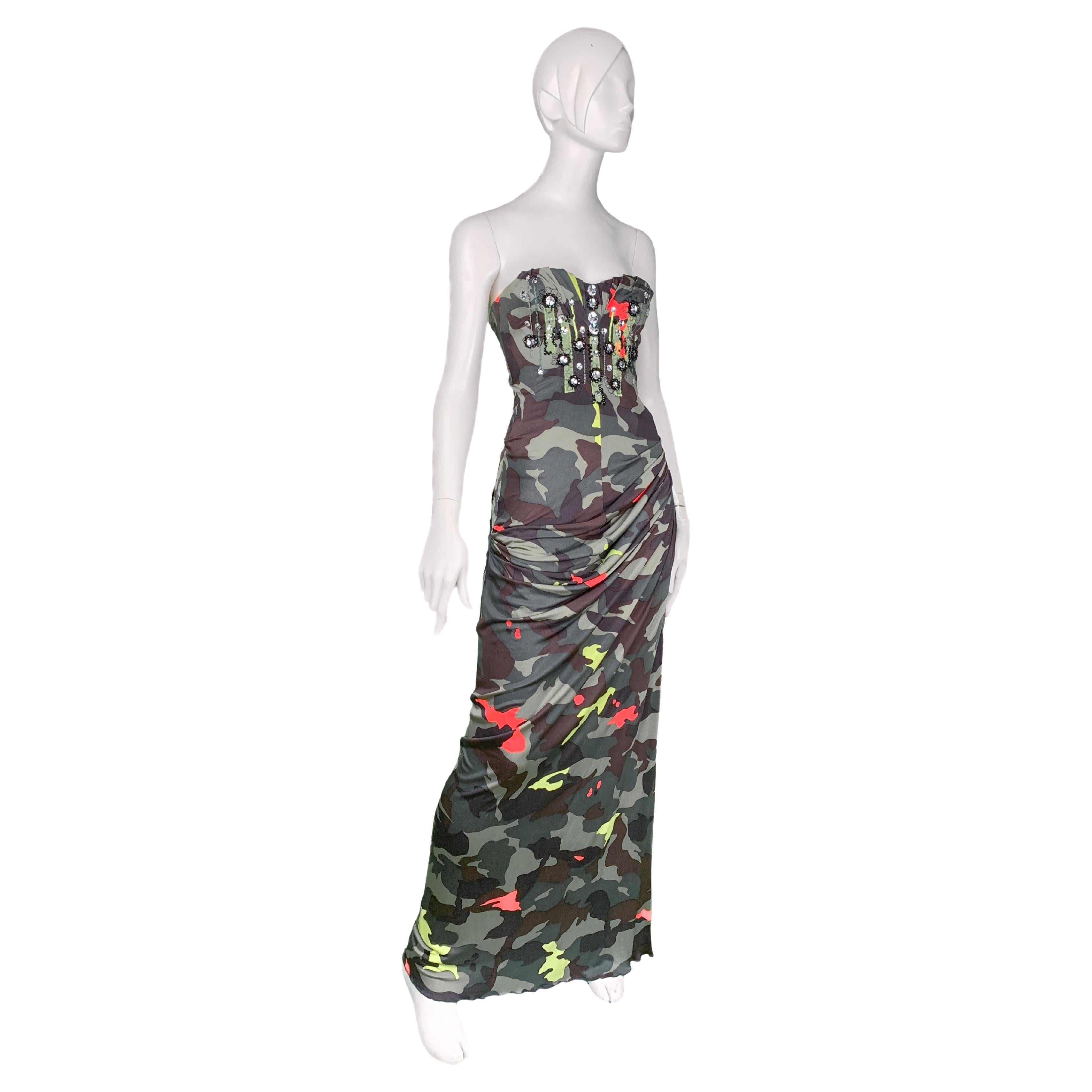 Seen at Blumarine Spring/Summer 2010 fashion show, this look 36 camo print strapless maxi dress was awarded a special (positive) mention in the Vogue review of the collection as 