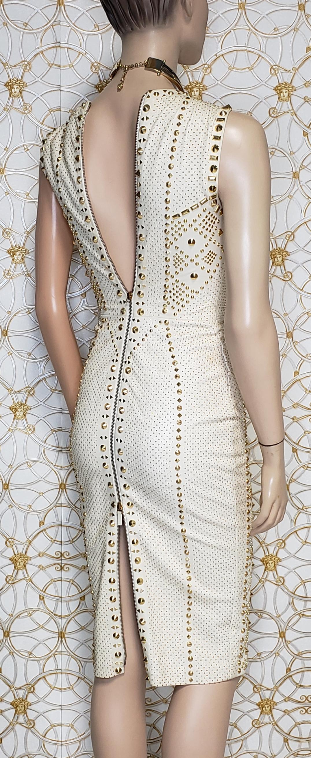 White S/S 2012 look #27 VERSACE WHITE STUDDED EMBELLISHED LEATHER DRESS 38 - 2 For Sale
