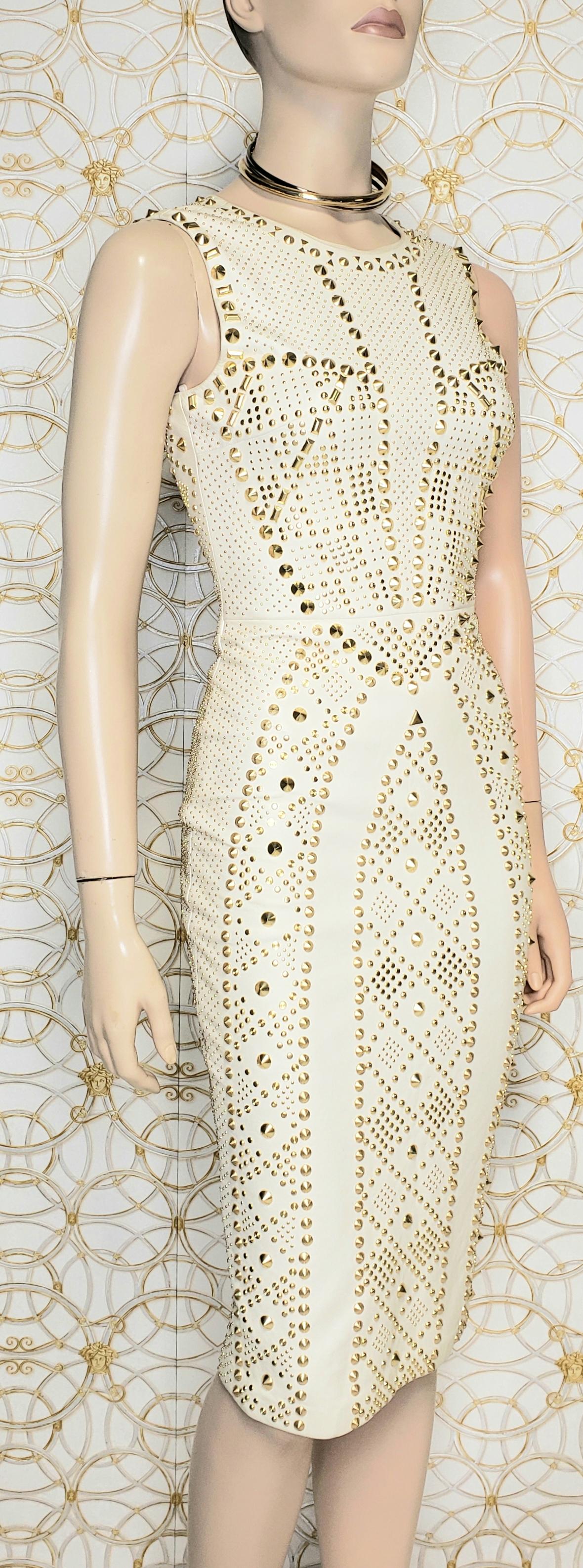 Women's S/S 2012 look #27 VERSACE WHITE STUDDED EMBELLISHED LEATHER DRESS 38 - 2 For Sale