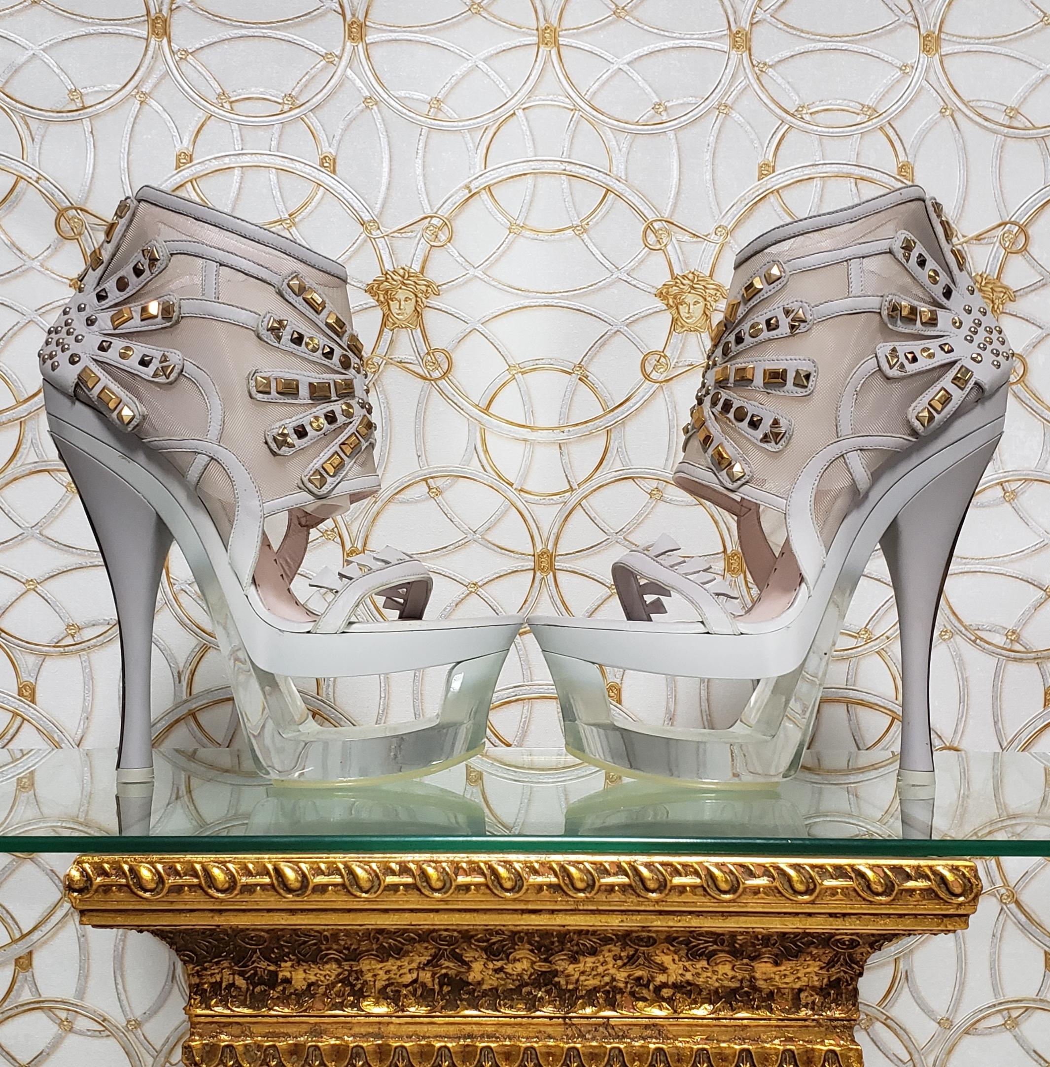 S/S 2012 look #40 VERSACE STUDDED LEATHER MESH PLEXIGLASS PLATFORM BOOTIES sz 10 For Sale 2