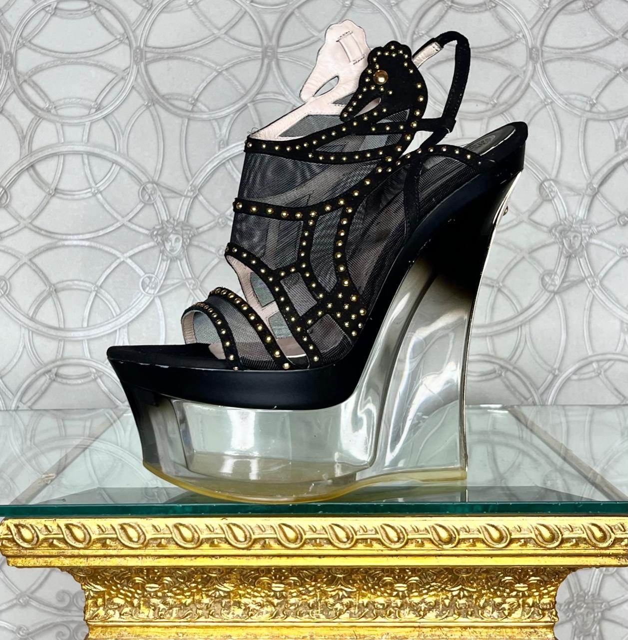 S/S 2012 VERSACE BLACK MESH SANDALS w/STUDS and PLEXIGLASS PLATFORM Size IT 40 In New Condition For Sale In Montgomery, TX