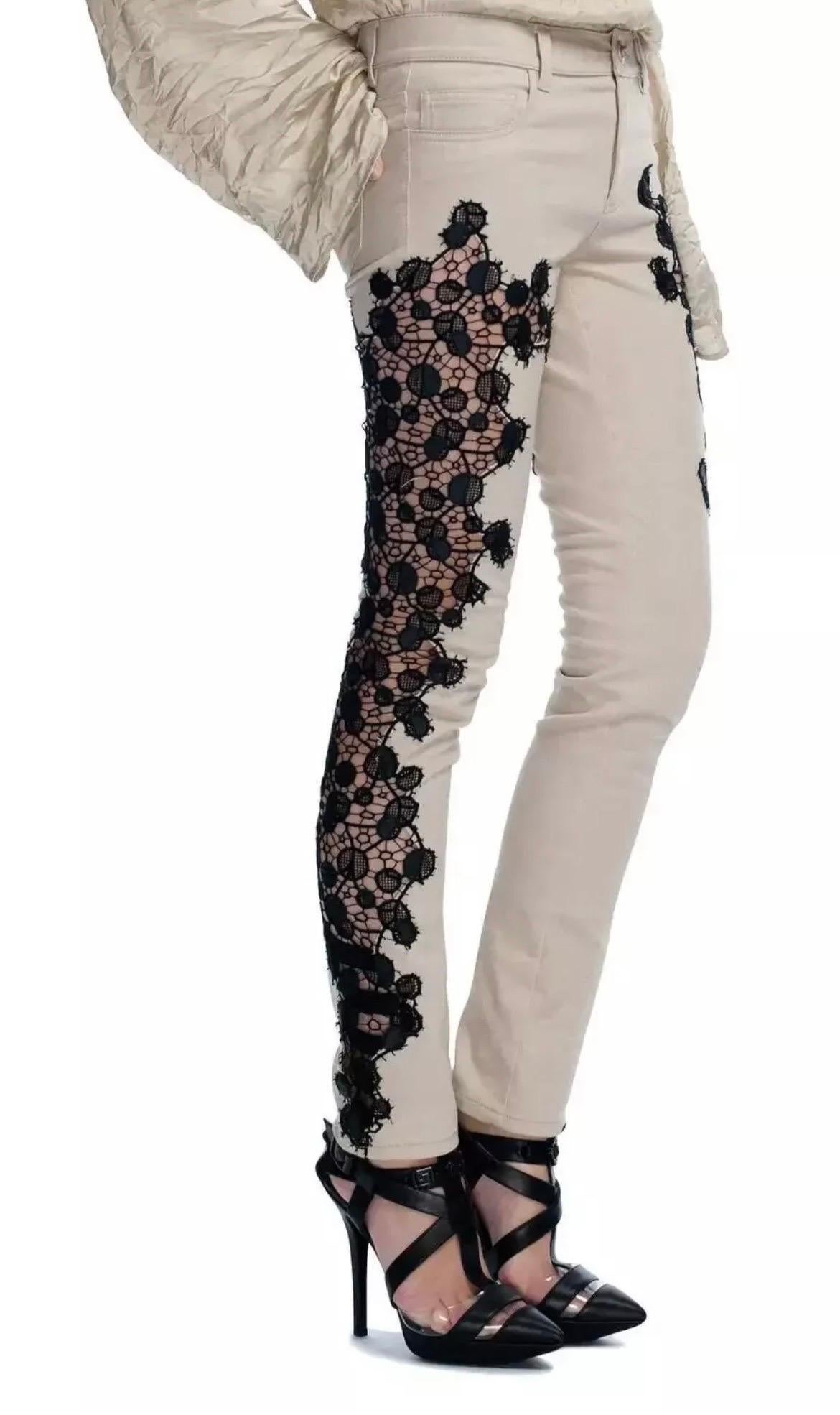 S/S 2013 Look # 19 Versace Beige Jeans w/ Black Lace Pannel Size 26 In New Condition For Sale In Montgomery, TX