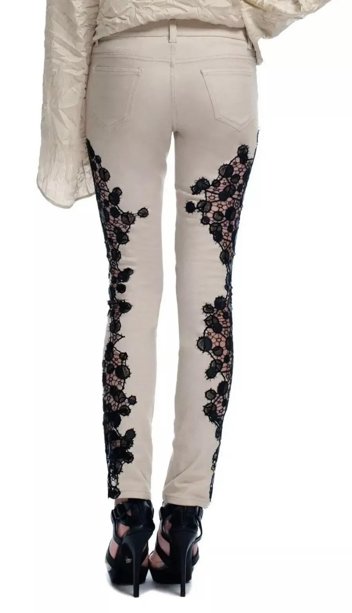 Women's S/S 2013 Look # 19 Versace Beige Jeans w/ Black Lace Pannel Size 26 For Sale